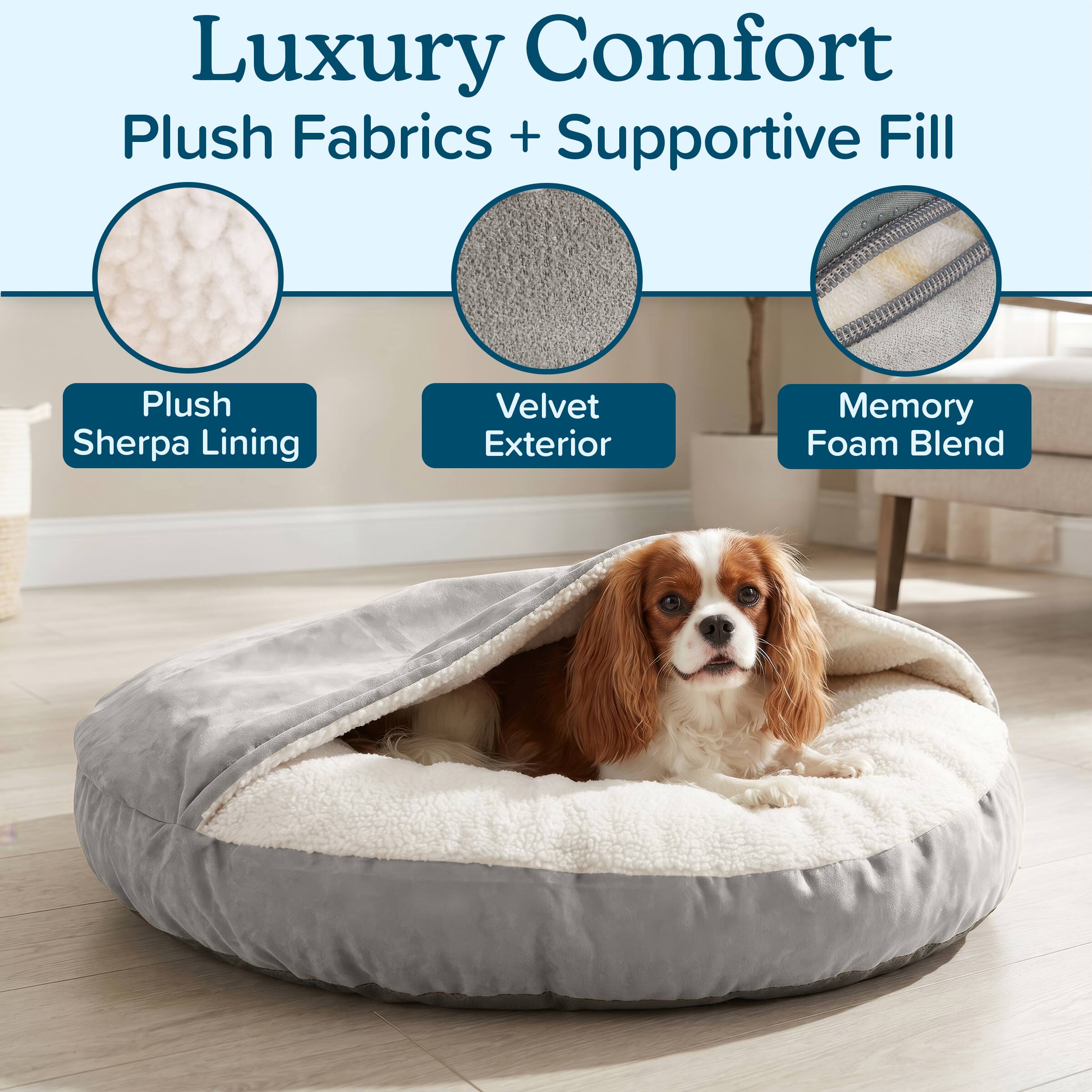 Luxury Comfort  
Plush Fabrics + Supportive Fill  
Plush Sherpa Lining  
Velvet Exterior  
Memory Foam Blend