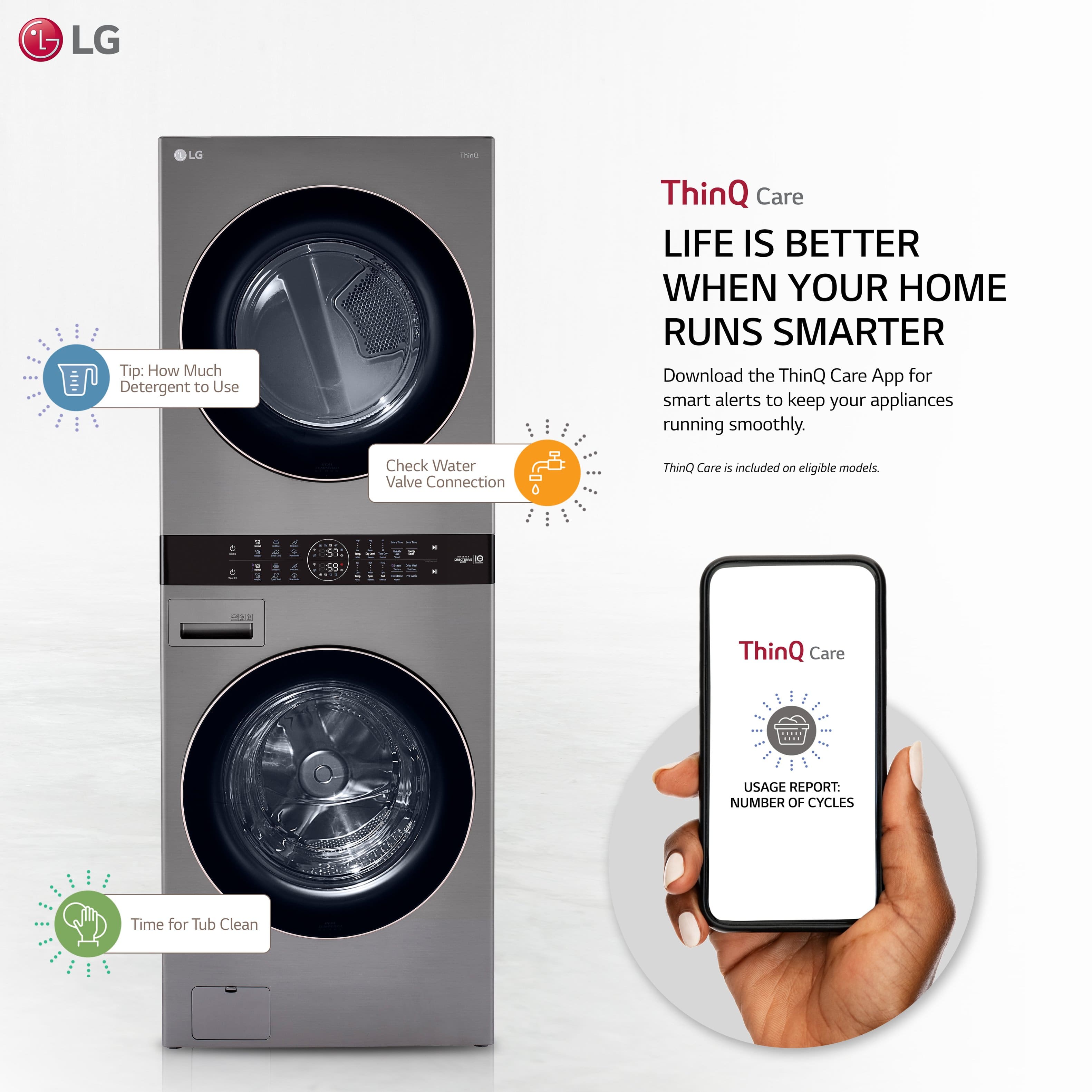 The image features a stacked washer and dryer combo unit from LG. The advertisement showcases the benefits of using LG's ThinQ Care technology, which includes a smart alert system for your appliances. The ad emphasizes that life is better when your home runs smarter, and it encourages users to download the ThinQ Care app for smart alerts and usage reports. The image also highlights the importance of checking the water valve connection and maintaining the tub cleanliness for optimal performance.