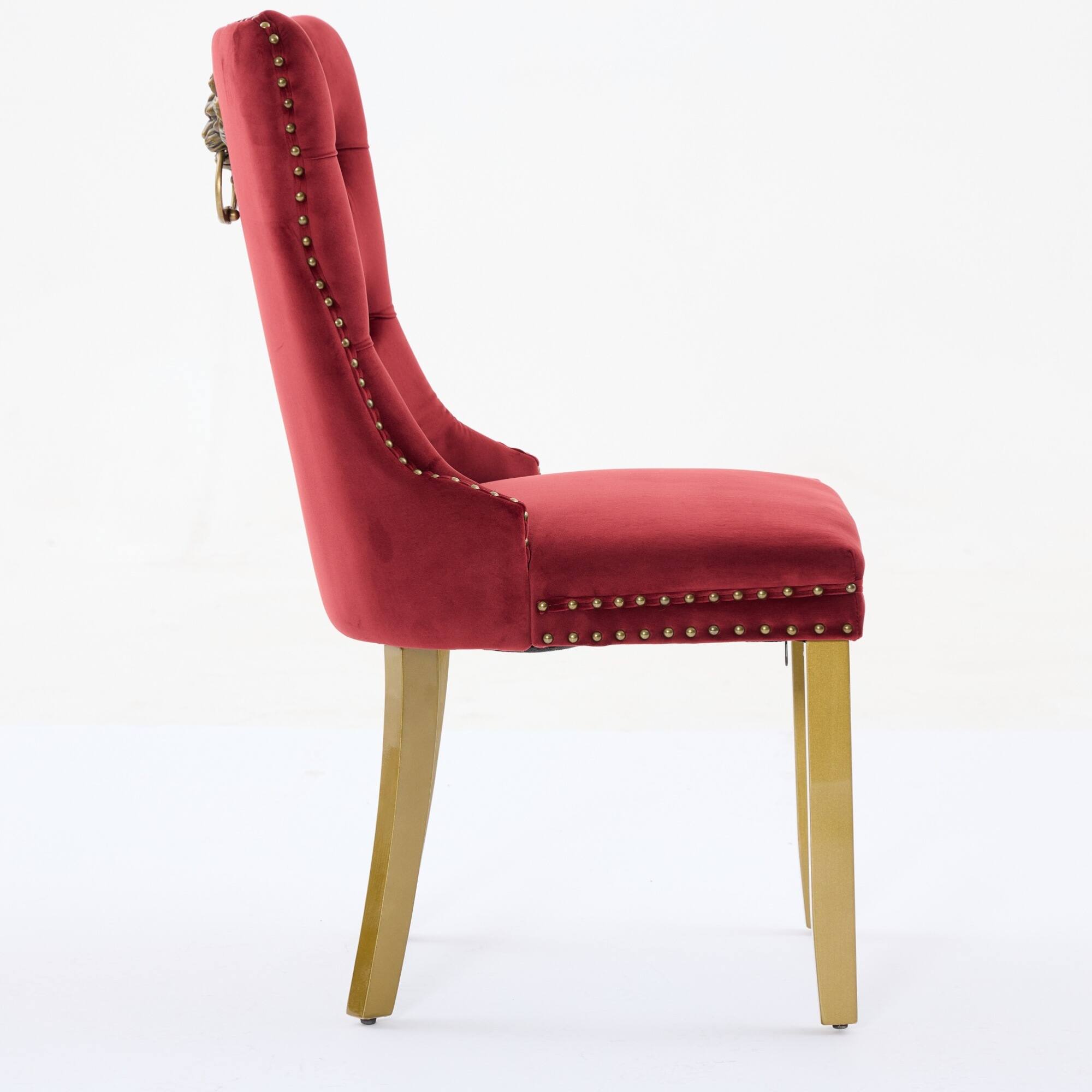 Alt View 1. GOODSILO - Modern Tufted Velvet Dining Chairs with Lion Head Pull Rings and Golden Wooden Legs, Set of 2 - Wine Red.