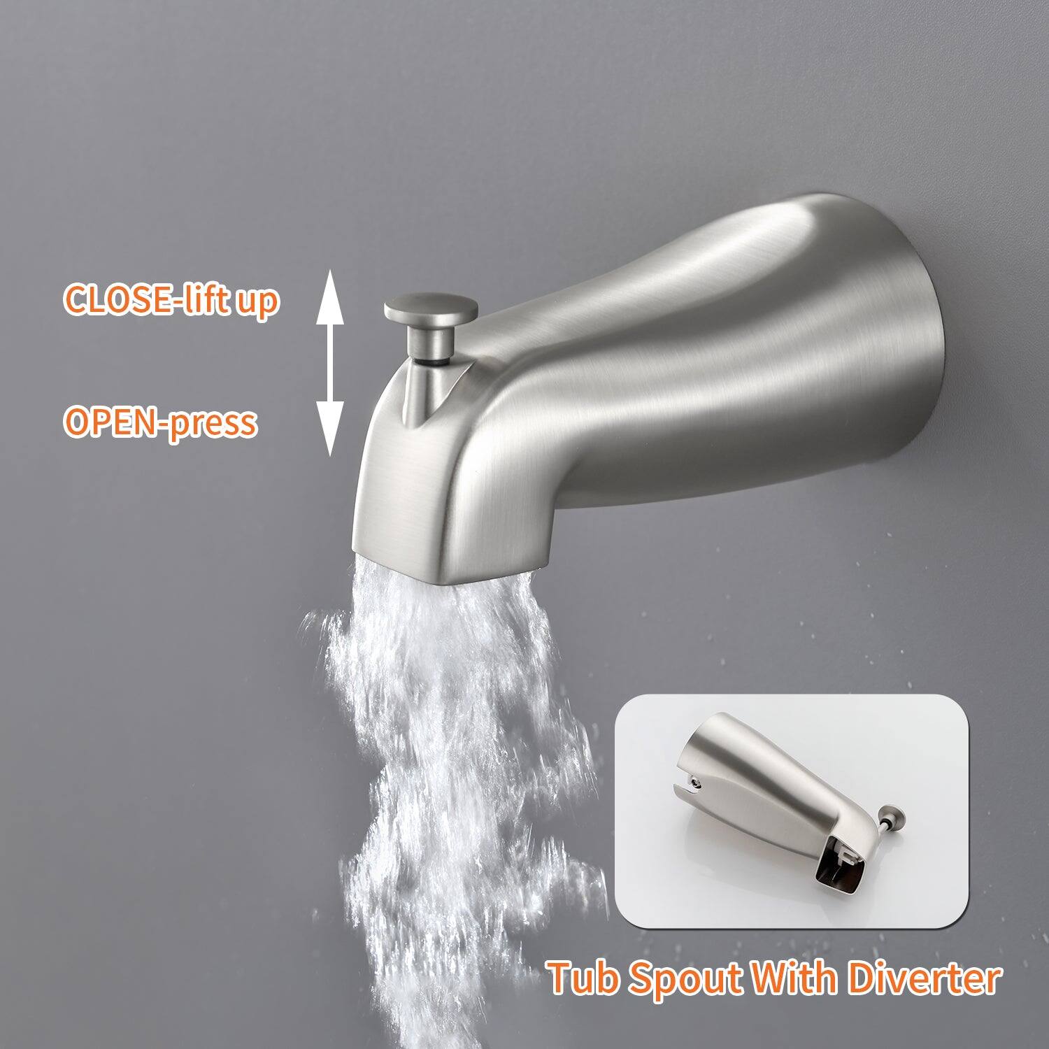 CLOSE-lift up  
OPEN-press  

Tub Spout With Diverter