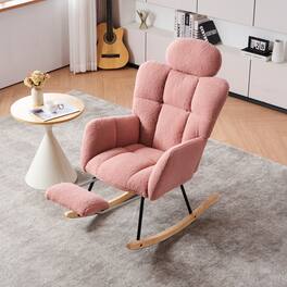 GOODSILO - Teddy Fabric Upholstered Nursery Rocking Chair with Pillow & Footrest, Modern Accent Armchair - Pink