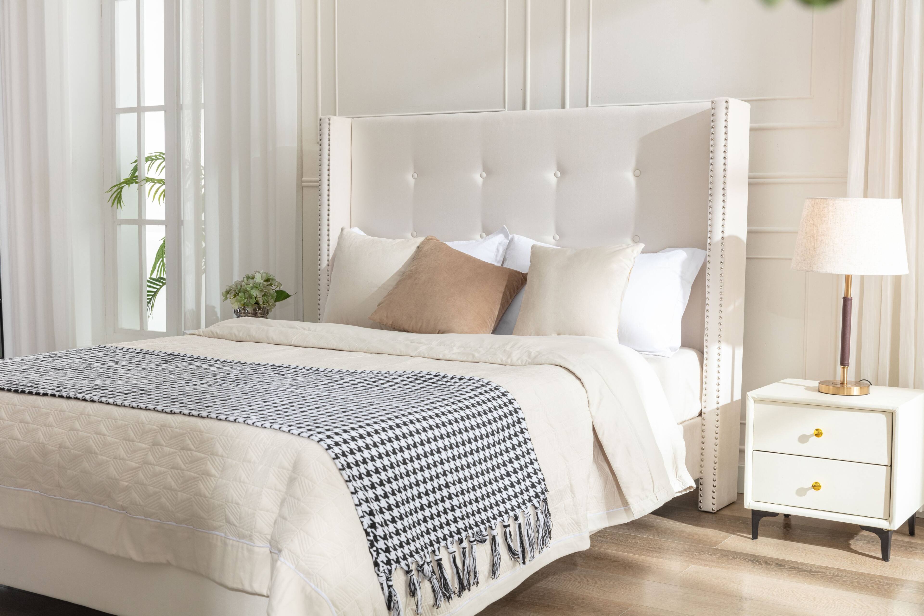 Left. LUCKY ONE - Queen Size Upholstered Bed Frame with High Wingback Headboard - Ivory.