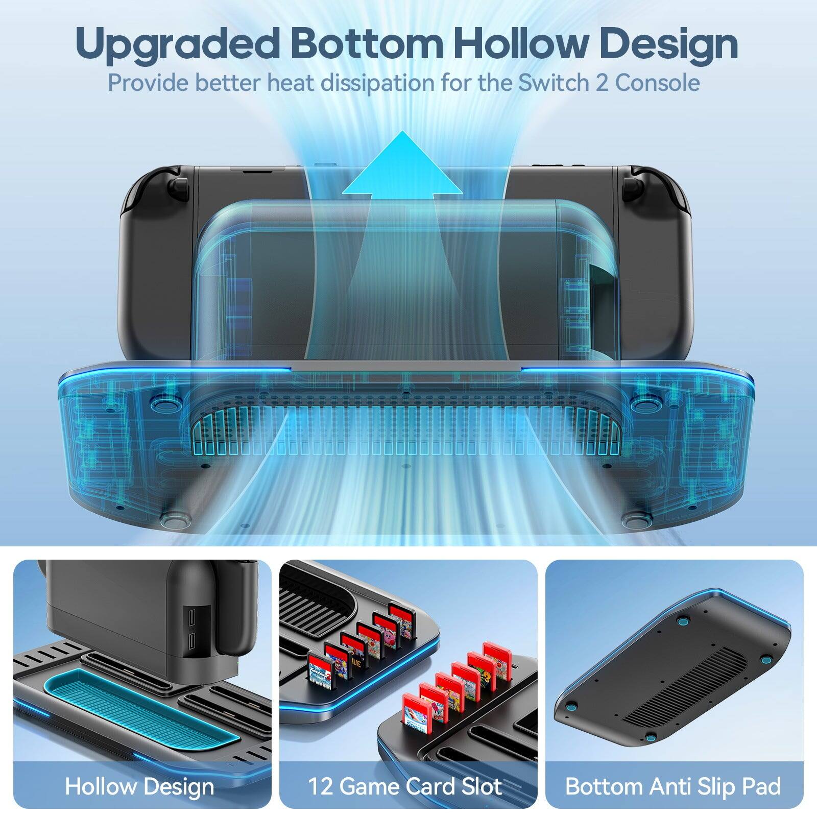 Upgraded Bottom Hollow Design  
Provide better heat dissipation for the Switch 2 Console  

Hollow Design  
12 Game Card Slot  
Bottom Anti Slip Pad