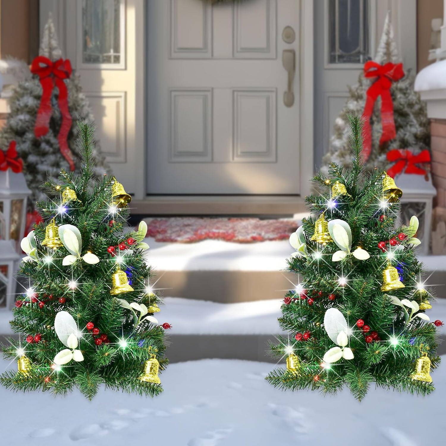 Alt View 3. Oumilen - Set of 2 Outdoor Christmas Trees – 30in Pre-Lit Pathway Trees with 40 LED Lights, Timer & 8 Modes - Green.