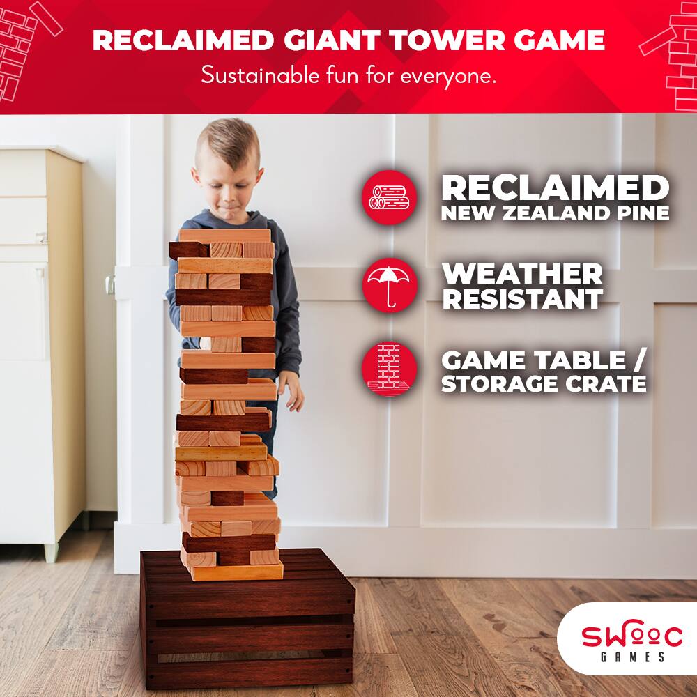 RECLAIMED GIANT TOWER GAME  
Sustainable fun for everyone.  

RECLAIMED NEW ZEALAND PINE  
WEATHER RESISTANT  
GAME TABLE / STORAGE CRATE  

SWC GAMES