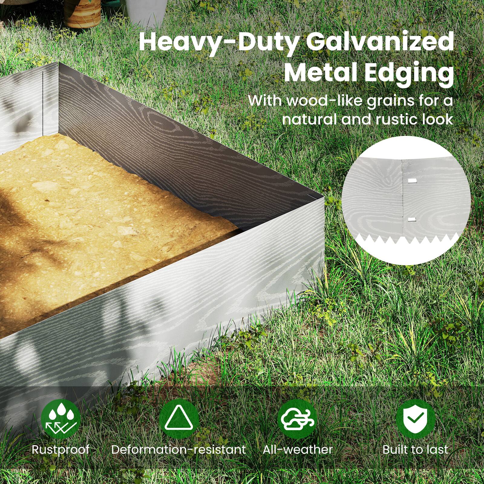 Heavy-Duty Galvanized Metal Edging  
With wood-like grains for a natural and rustic look  

- Rustproof  
- Deformation-resistant  
- All-weather  
- Built to last