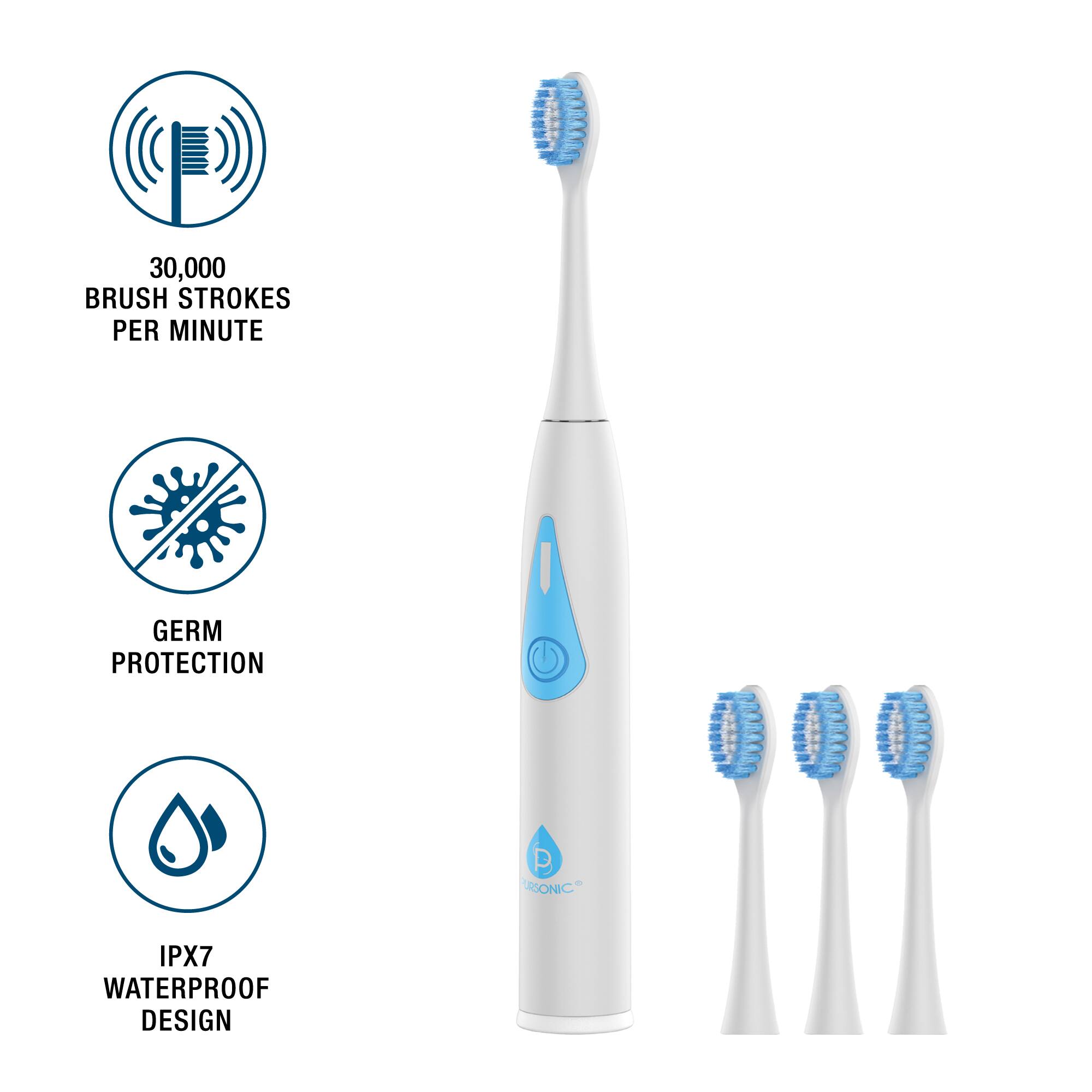 30,000 BRUSH STROKES PER MINUTE, GERM PROTECTION, IPX7 WATERPROOF DESIGN