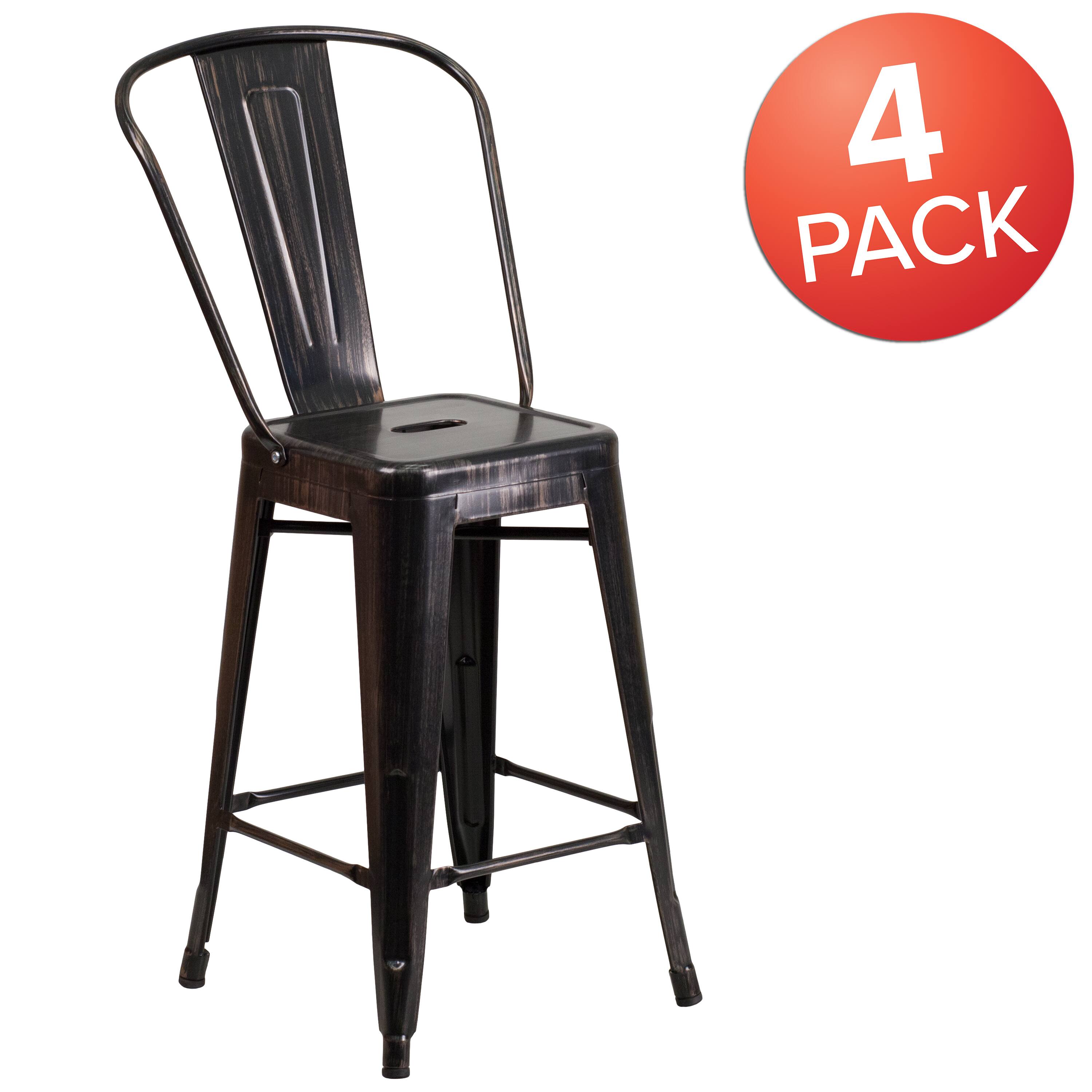 Alt View 1. Emma + Oliver - Commercial Grade 4 Pack 24" High Metal Indoor-Outdoor Counter Height Stool with Back - Black-Antique Gold.