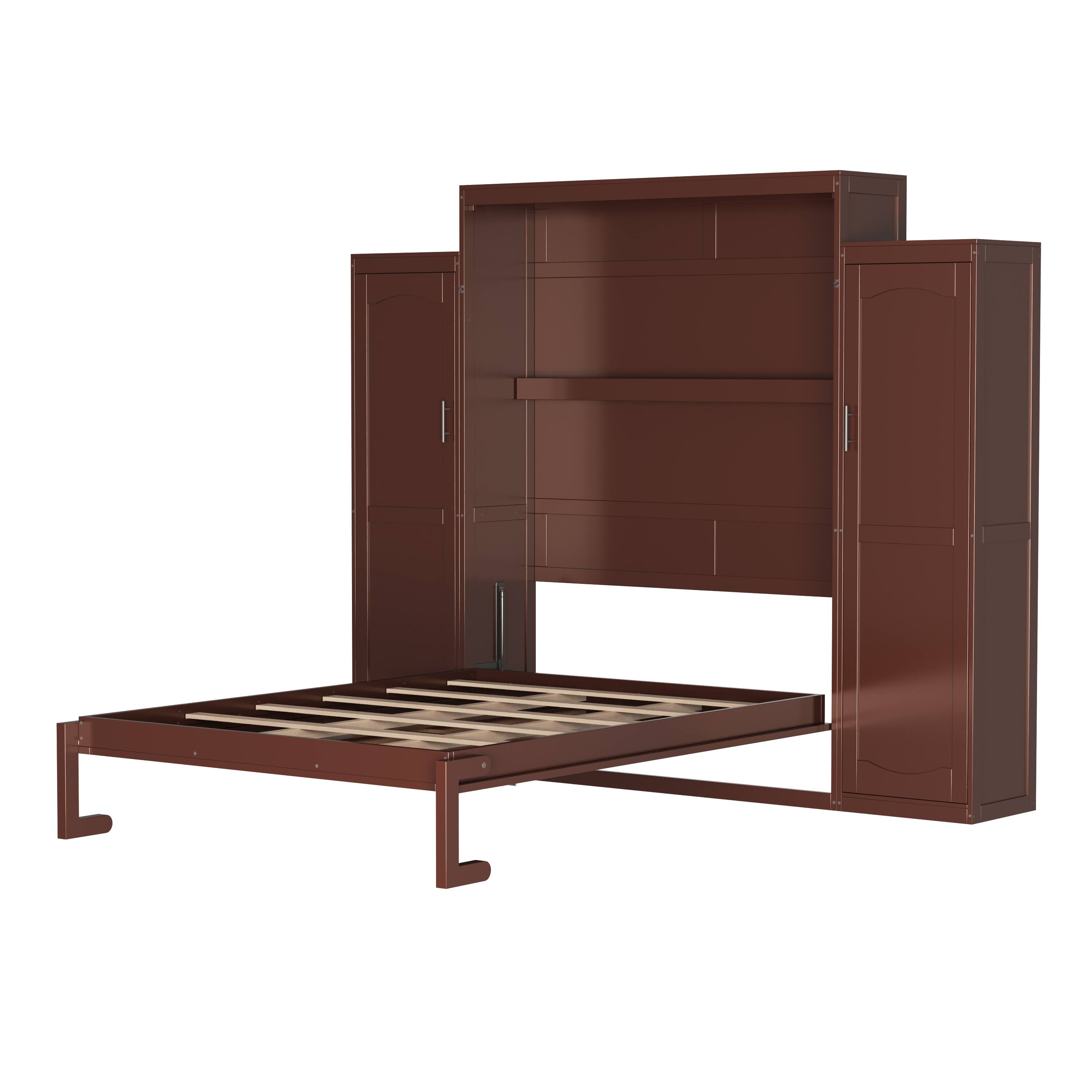 Alt View 5. Tiramisubest - Queen Size Murphy Bed with 2 Wardrobe and Storage Shelf, Multifunctional Foldable Platform Bedframe, Walnut - Walnut.