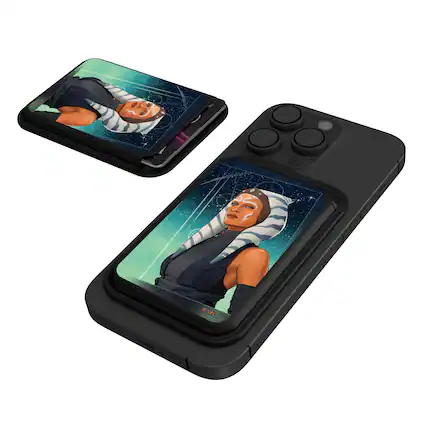 Front. Keyscaper - Star Wars: Ahsoka Season 1 Portrait Black Magnetic Credit Card Wallet - Ahsoka.