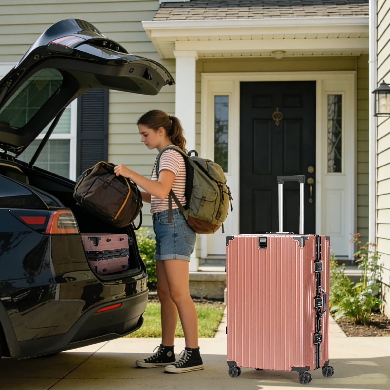 Alt View 3. Oumilen - 2 Piece Pink Aluminum Frame Luggage Set – 20" Carry On + 28" Checked, Spinner Wheels with TSA Lock - Pink.