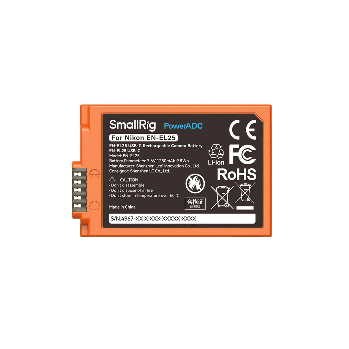 SmallRig PowerADC CE For Nikon EN-EL25 EN-EL25 USB-C Rechargeable Camera Battery EN-EL25 USB-C Battery Model: EN-EL25 Parameters: 7.6V 1250mAh 9.5Wh Li-ion FC Manufacturer: Shenzhen Leqi Innovation Co., Ltd. Consignor: Shenzhen LC Co., Ltd. CAUTION RoHS Don't disassemble Don't dispose of in fire Don't store in temperature over 60°C Made in China S/N: 4967-XX-X-XXXX-XXXX