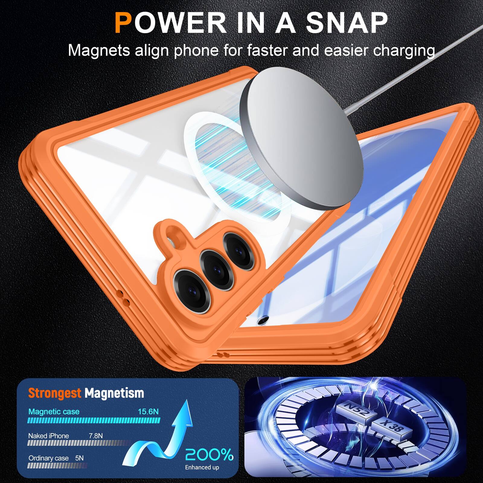 POWER IN A SNAP  
Magnets align phone for faster and easier charging  

Strongest Magnetism  
Magnetic case 15.6N  
Naked iPhone 7.8N  
Ordinary case 5N  

200% Enhanced up  
N52 X38
