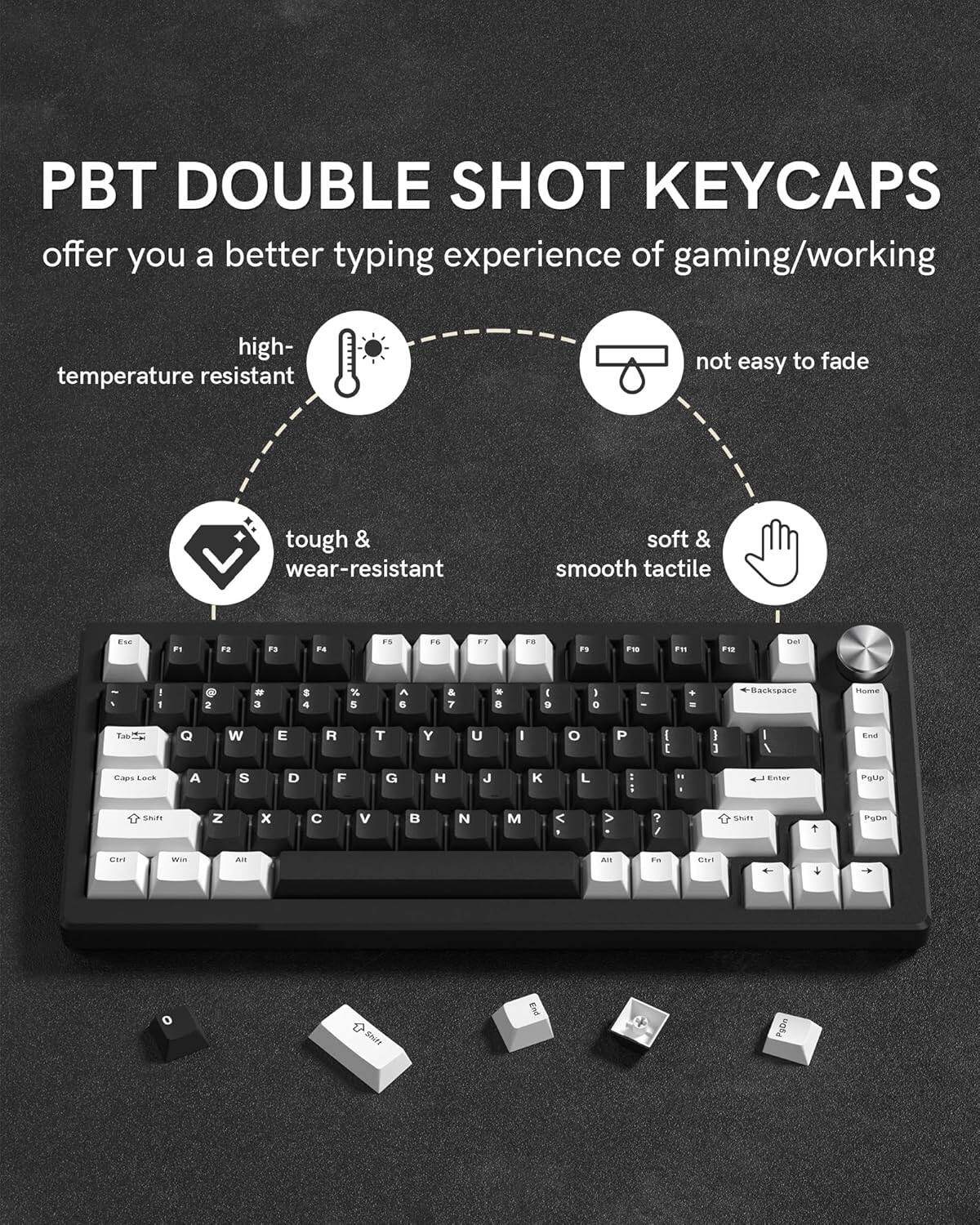 PBT DOUBLE SHOT KEYCAPS offer you a better typing experience of gaming/working. They are high-temperature resistant, not easy to fade, tough & wear-resistant, and have a soft & smooth tactile feel.