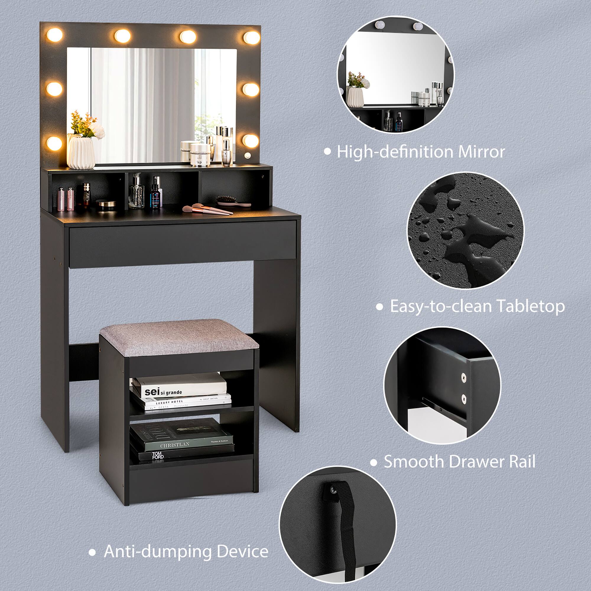 - High-definition Mirror
- Easy-to-clean Tabletop
- Smooth Drawer Rail
- Anti-dumping Device