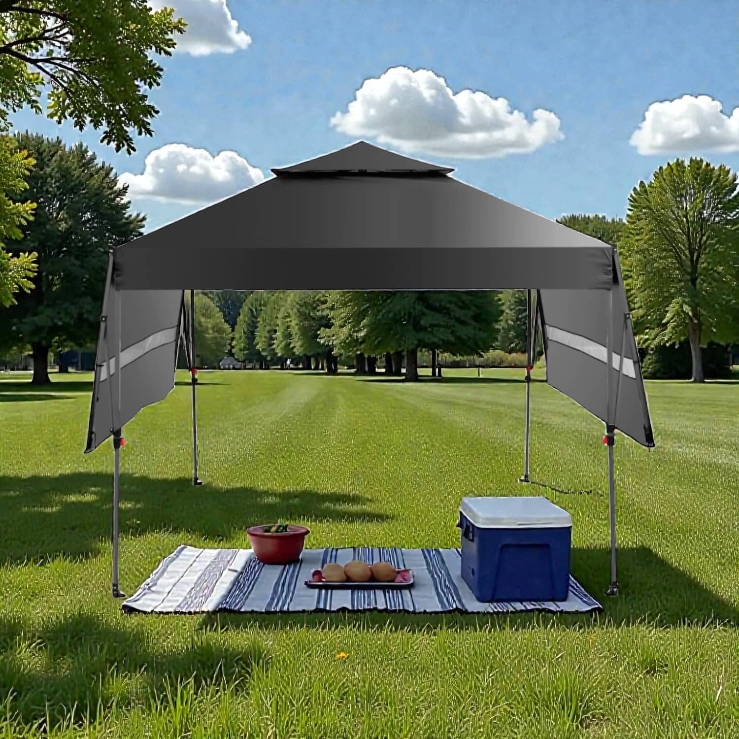 Hivvago - Portable 10x17.6 Ft Pop-Up Canopy with Dual Awning Extensions - Black