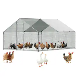 VEVOR - Large Metal Chicken Coop,9.8 x 13.1 x 6.6 ft, Walk-in Chicken Runs with Waterproof Cover, Spire Roof Hen House Enclosure - Silver