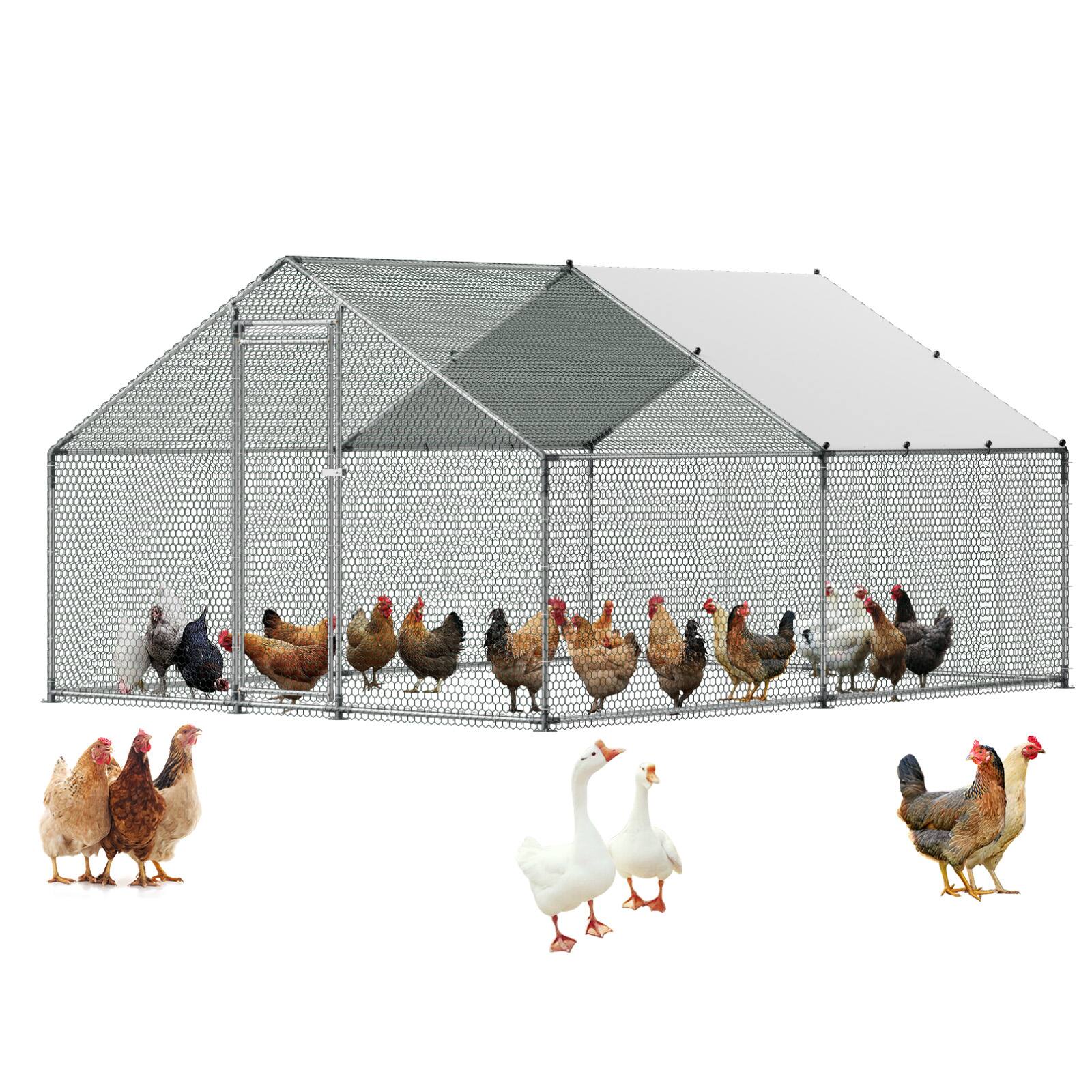 Front. VEVOR - Large Metal Chicken Coop,9.8 x 13.1 x 6.6 ft, Walk-in Chicken Runs with Waterproof Cover, Spire Roof Hen House Enclosure - Silver.