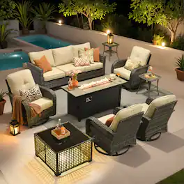 Ovios - 9 PCS Patio Furniture with 54" Fire Pit Table, 3 Seat Sofa with Swivel Chair, Side Table & Coffee Table - Beige
