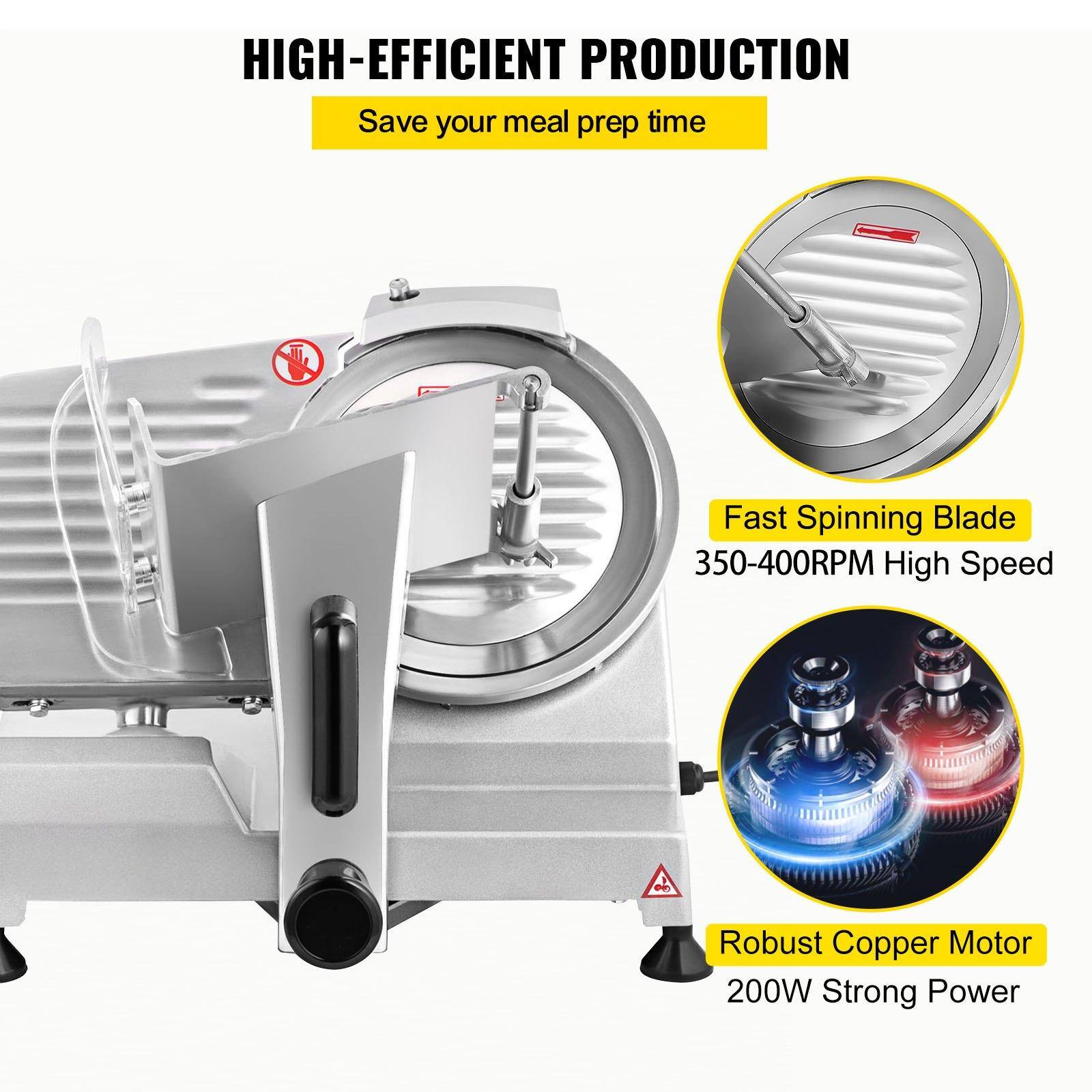 HIGH-EFFICIENT PRODUCTION  
Save your meal prep time  

Fast Spinning Blade  
350-400RPM High Speed  

Robust Copper Motor  
200W Strong Power