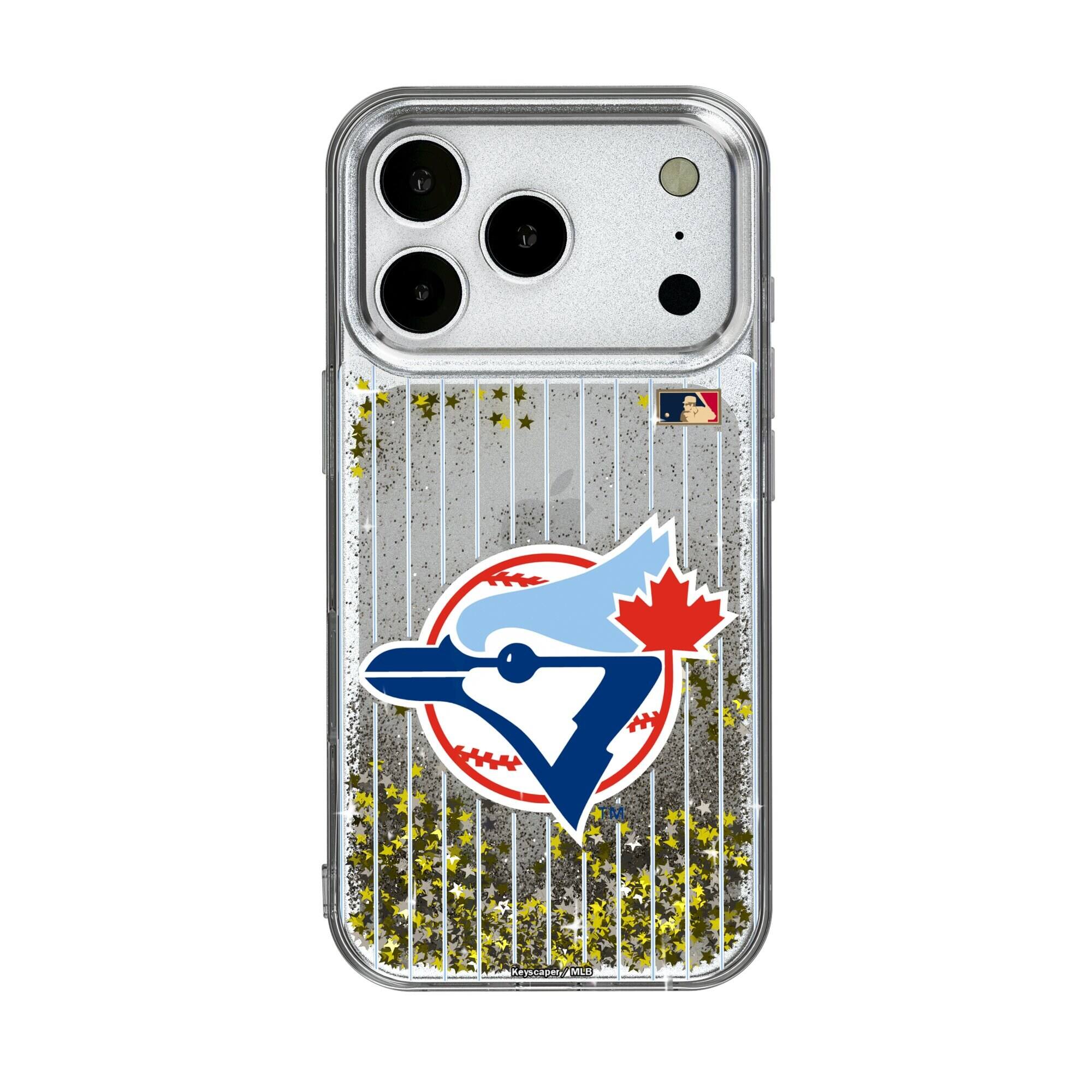 Front. Keyscaper - Toronto Blue Jays 1977-1988 Cooperstown Pinstripe iPhone Glitter Case - 13 Pro Max - Multicolor.
