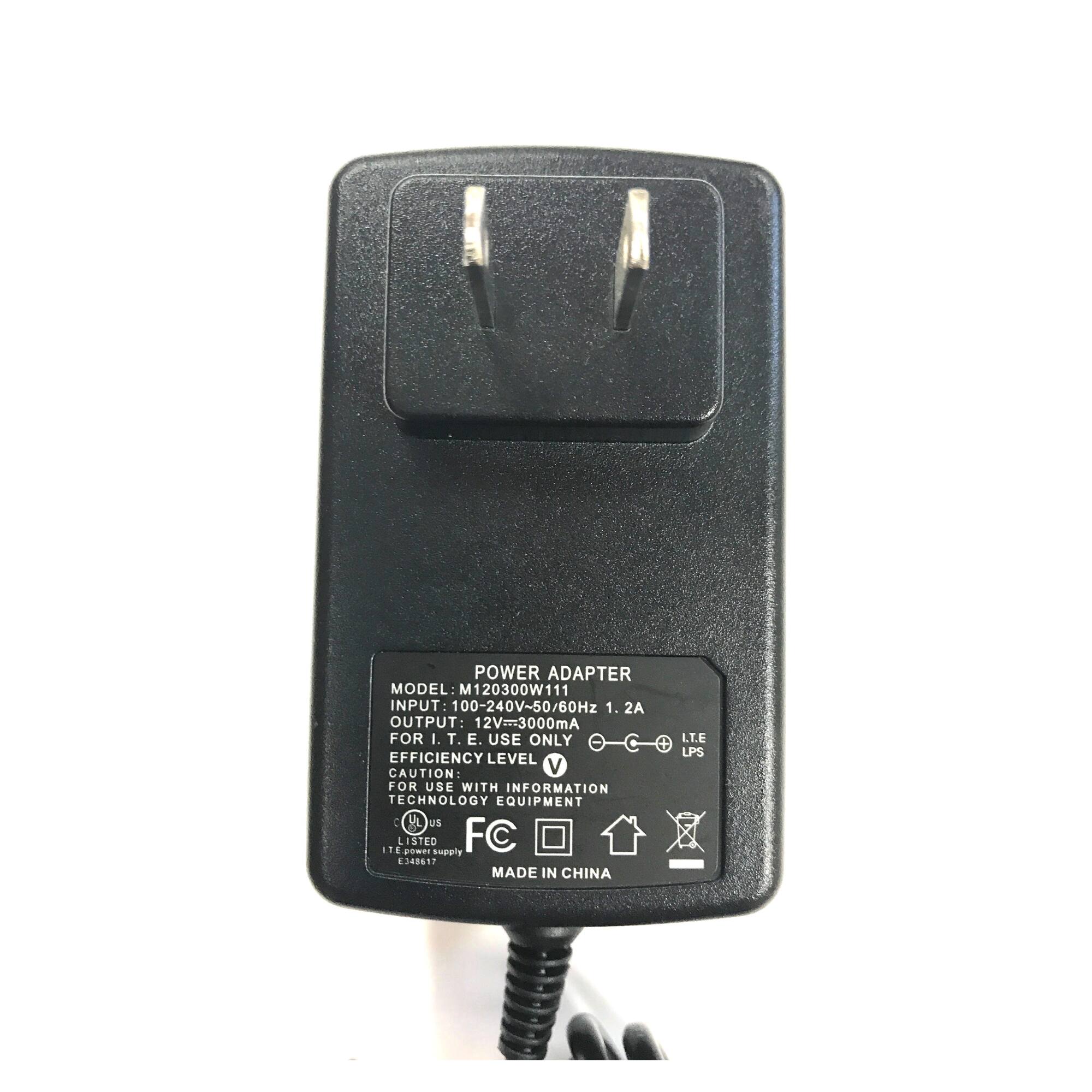 POWER ADAPTER MODEL M120300W111  
INPUT: 100-240V~50/60Hz 1.2A  
OUTPUT: 12V=3000mA FOR L.E. USE ONLY  
EFFICIENCY LEVEL  
CAUTION: V FOR USE WITH INFORMATION TECHNOLOGY EQUIPMENT  
C UL US  
1 E L LISTED P Supply FC E348617  
MADE IN CHINA  
LT.E LPS