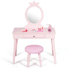 Costway - Kids Vanity Makeup Table & Chair Set Make Up Stool Play Set for Children - Pink