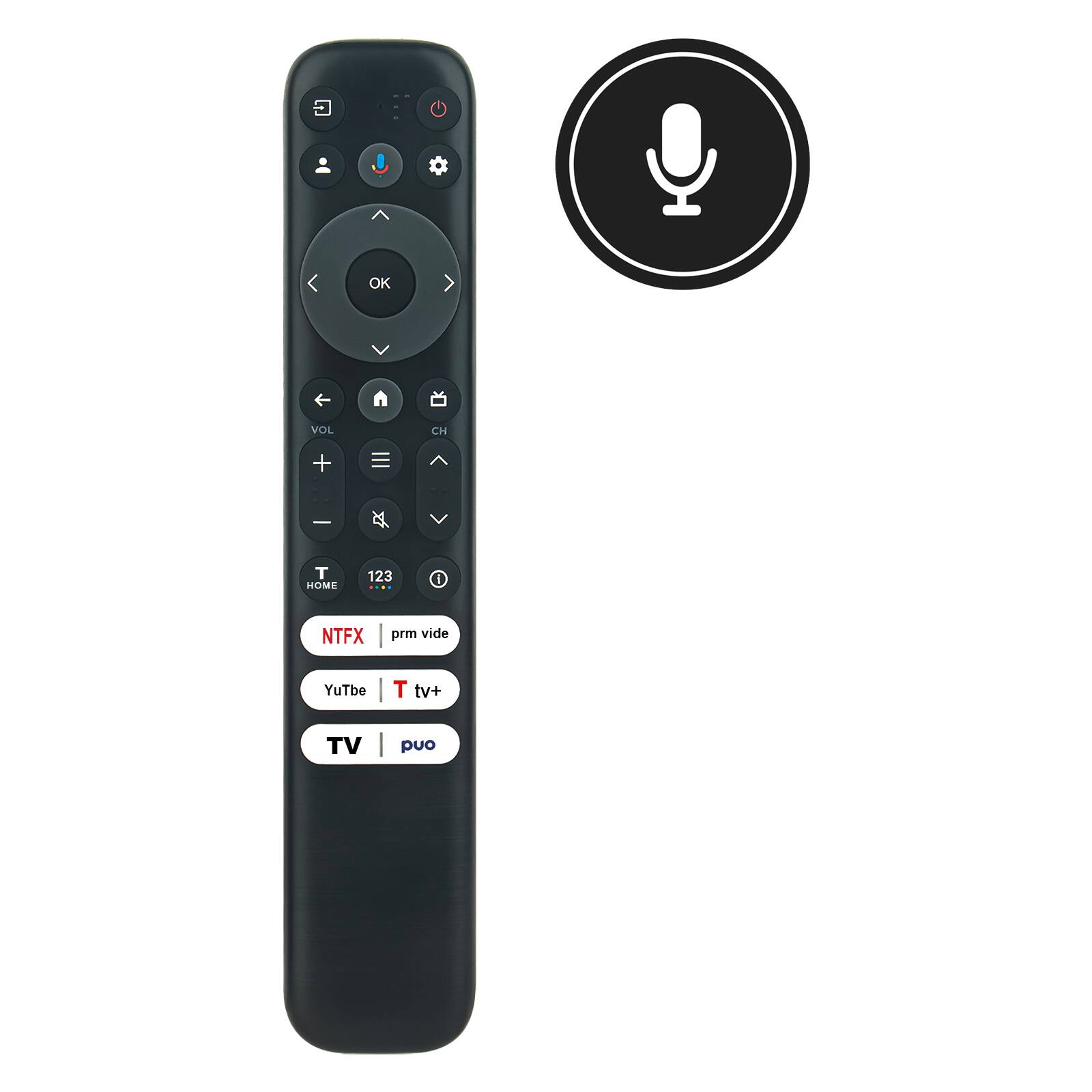 OK  
VOL  
CH  
+  
-  
T HOME  
123 ...  
NTFX  
prm vide  
YouTube  
T tv+  
TV  
puo