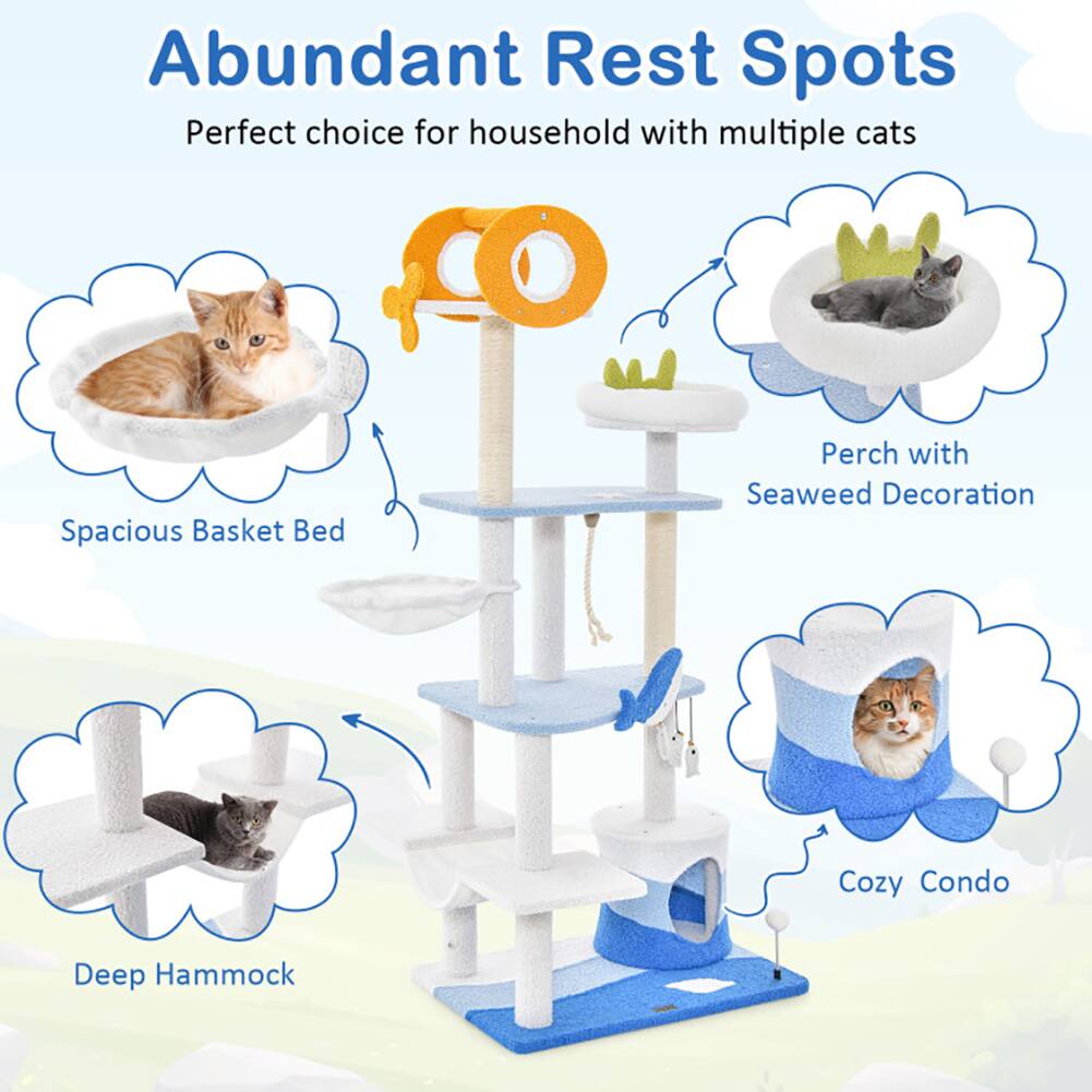Abundant Rest Spots  
Perfect choice for household with multiple cats  
Spacious Basket Bed  
Perch with Seaweed Decoration  
Deep Hammock  
Cozy Condo