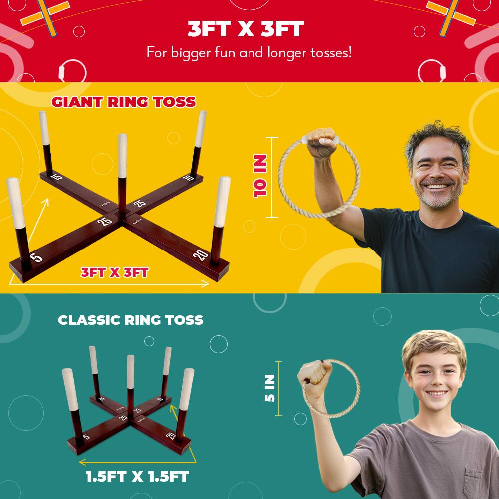 3FT X 3FT  
For bigger fun and longer tosses!  

GIANT RING TOSS  
3FT X 3FT  

CLASSIC RING TOSS  
1.5FT X 1.5FT  

10 IN  
5 IN