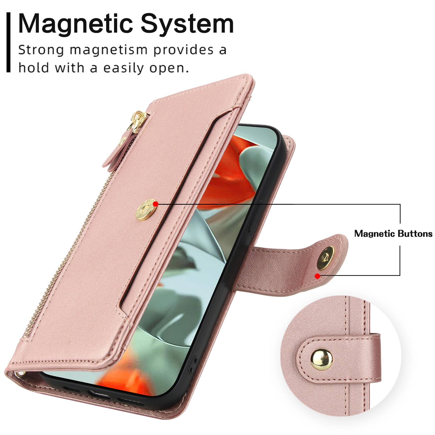 Magnetic System  
Strong magnetism provides a hold with a easily open.  
Magnetic Buttons