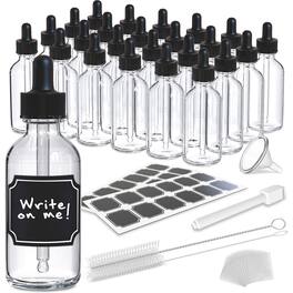 Nevlers - 2 Oz. Glass Dropper Bottles with Funnel, Brush, Shrink Wrap, Marker and Labels (Pack of 24) - Clear