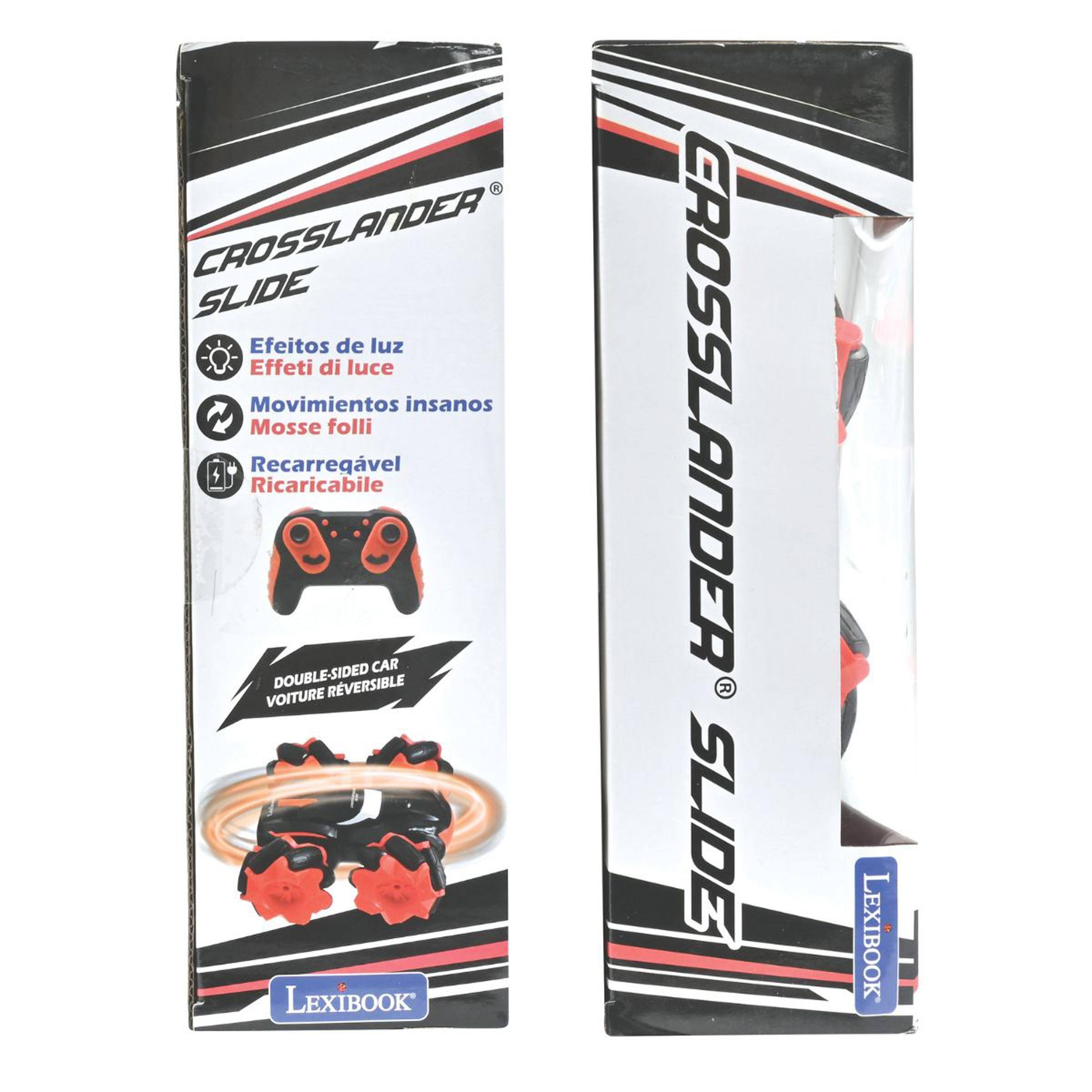 CROSSLANDER SLIDE  
Efeitos de luz  
Effeti di luce  
Movimientos insanos  
Mosse folli  
Recarregável  
Ricaricabile  
CAR DOUBLE-SIDED  
VOITURE REVERSIBLE  
LEXIBOOK