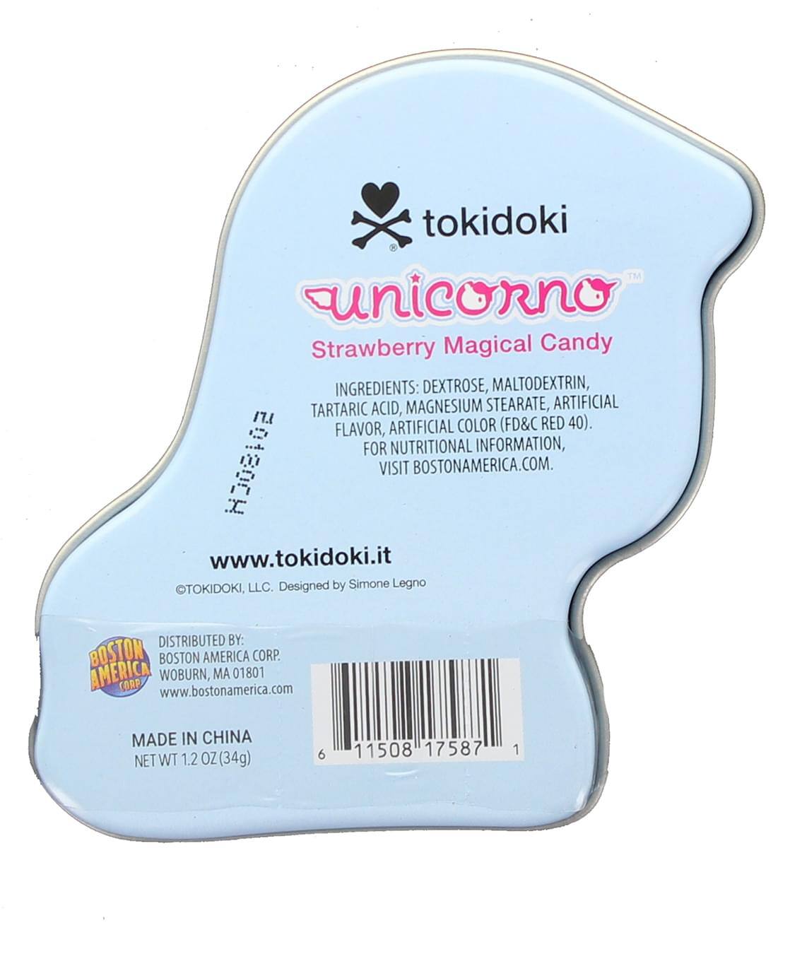 tokidoki  
unicorn  
Strawberry Magical Candy  

INGREDIENTS: DEXTROSE, MALTODEXTRIN, TARTARIC ACID, MAGNESIUM STEARATE, ARTIFICIAL FLAVOR, ARTIFICIAL COLOR (FD&C RED 40).  
FOR NUTRITIONAL INFORMATION, VISIT BOSTONAMERICA.COM.  

www.tokidoki.it  
TOKIDOKI LLC. Designed by Simone Legno  

DISTRIBUTED BY:  
BOSTON AMERICA CORP.  
WOBURN, MA 01801  
www.bostonamerica.com  

MADE IN CHINA  
NET WT 1.2 OZ (34g)  

6 11508 17587 1