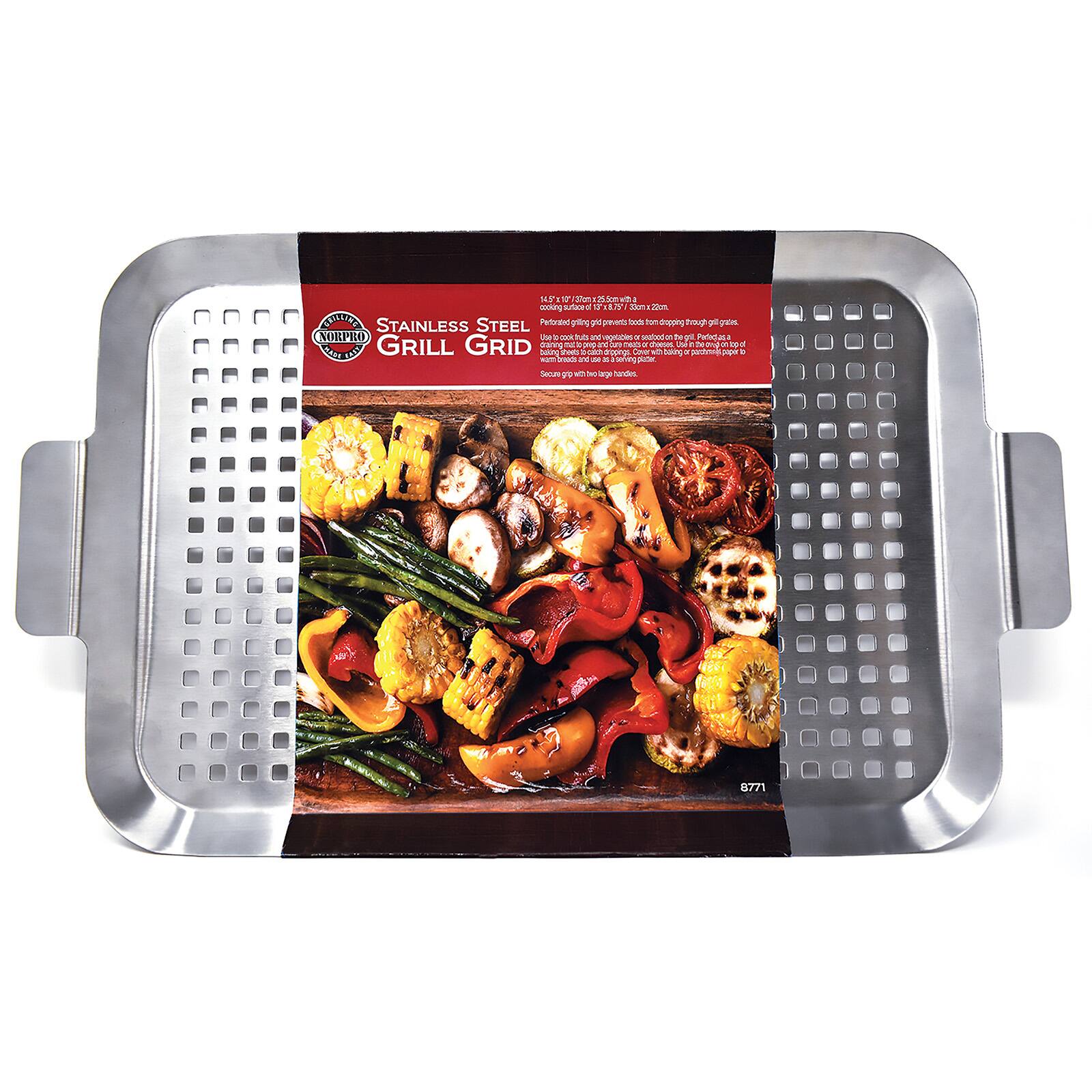 STAINLESS STEEL GRILL GRID

19.1" x 12.5" (48.5cm x 31.8cm)

- Perfect for grilling vegetables, fruits, and more. Drop through grill grates to cook meats and vegetables or use on a flat top grill as a griddle. Use it as a baking sheet in the oven to cook meats, and vegetables. It is also great for making pizza, and can be used as a serving tray.