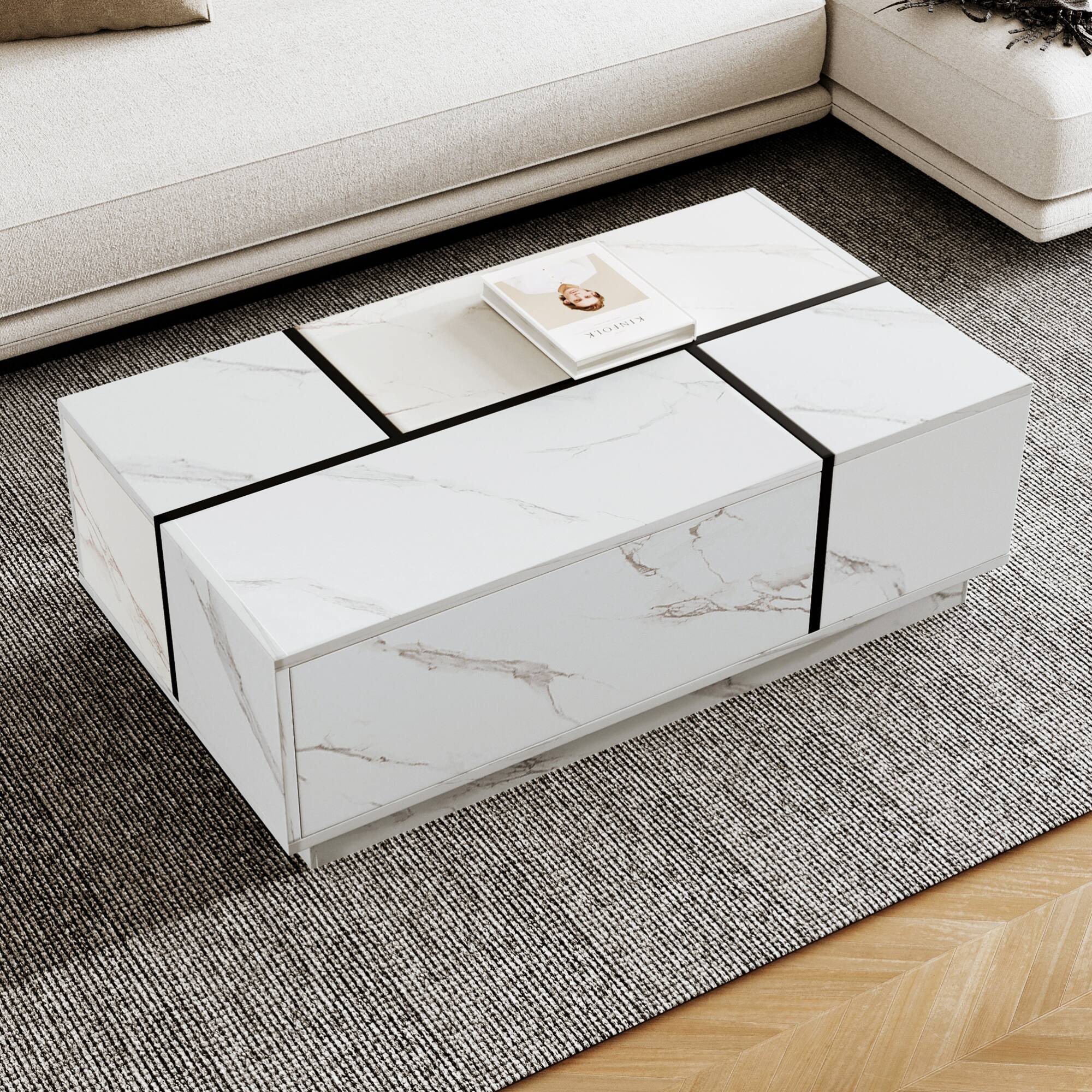 Back. GOODSILO - Modern Rectangular Sliding Top Coffee Table with Hidden Storage and Drawers for Living Room - White.