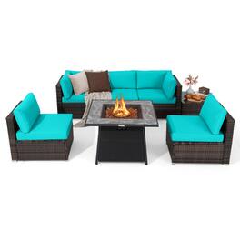 Gymax - Set of 7 Patio Furniture Set w/ 35'' Propane Gas Fire Pit Table & Waterproof Cover Turquoise - Turquoise, Black