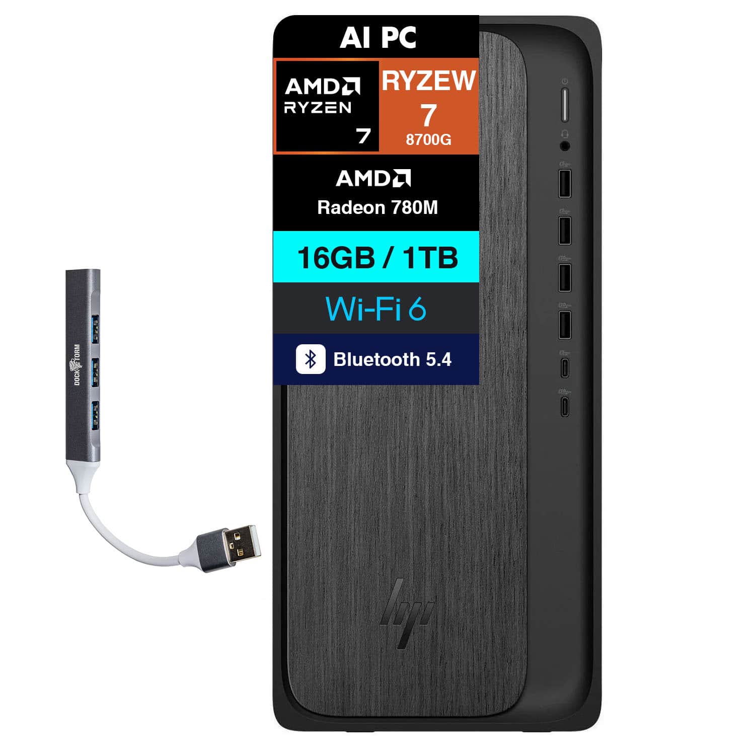 HP - OmniDesk Desktop (AMD Ryzen 7 8700G, 16GB DDR5, 1TB PCIe SSD, AMD Radeon 780M, Win 11 Pro) w/USB Hub - Gray Wood