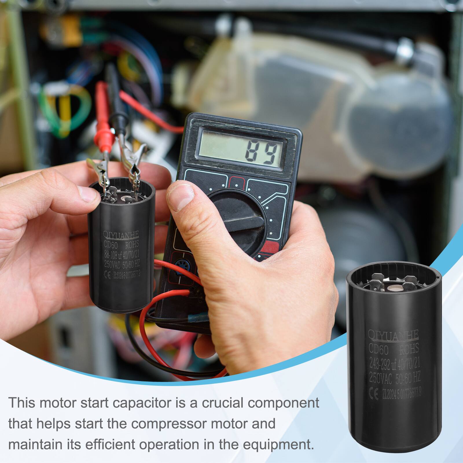 89 QIYUANHE CD60 ROHS 88-108 L 40/70 20 250VAD 50.60 HE CE 20065

This motor start capacitor is a crucial component that helps start the compressor motor and maintain its efficient operation in the equipment.

QIYUANHE CD60 ROHS 243-292 L 40070/21 250VAC 50-60 HZ CE 2120124 : 0176179