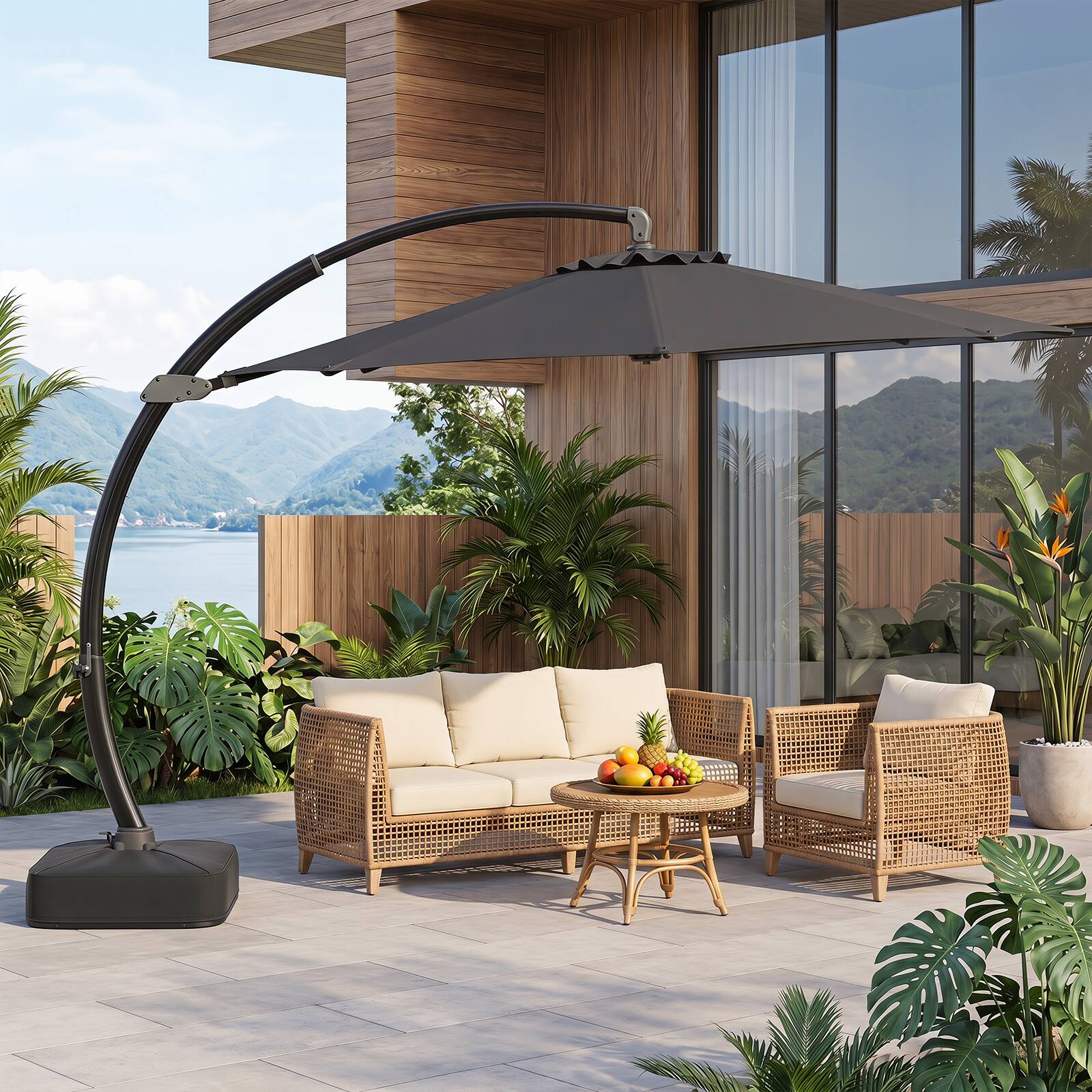 Alt View 1. Costway - Costway 11 FT Cantilever Patio Umbrella with Base, 360° Rotation & Tilt Adjustment for Yard - Gray.
