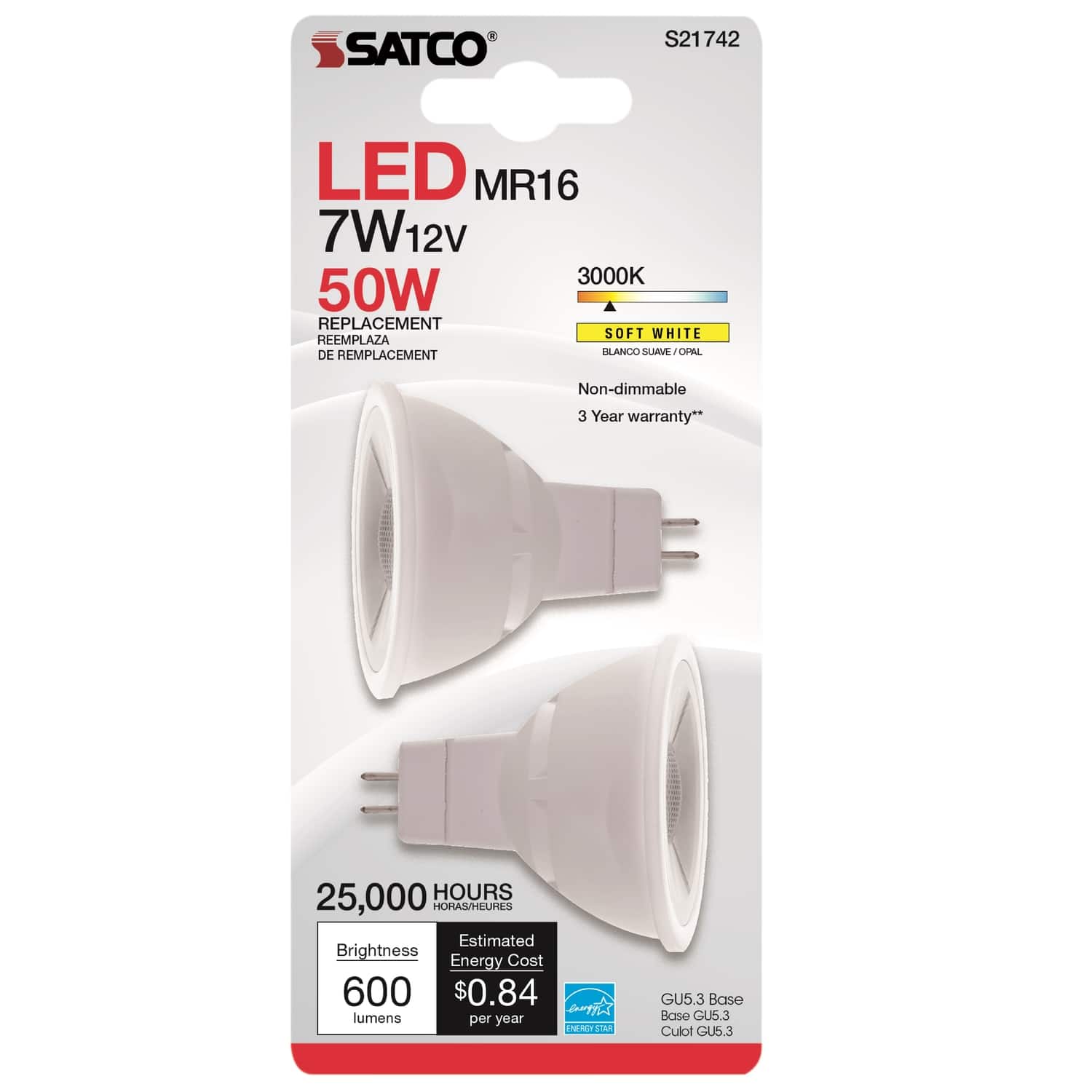 SATCO - MR16 GU5.3 LED Bulb Soft White 50 Watt Equivalence 2 pk price history on PriceWatchPro