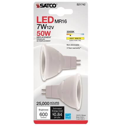 SATCO S21742 LED MR16 7W 12V 3000K 50W REPLACEMENT SOFT WHITE
Non-dimmable
3 Year warranty
25,000 HOURS
Brightness: 600 lumens
Estimated Energy Cost: $0.84 per year
GU5.3 Base
Culot GU5.3