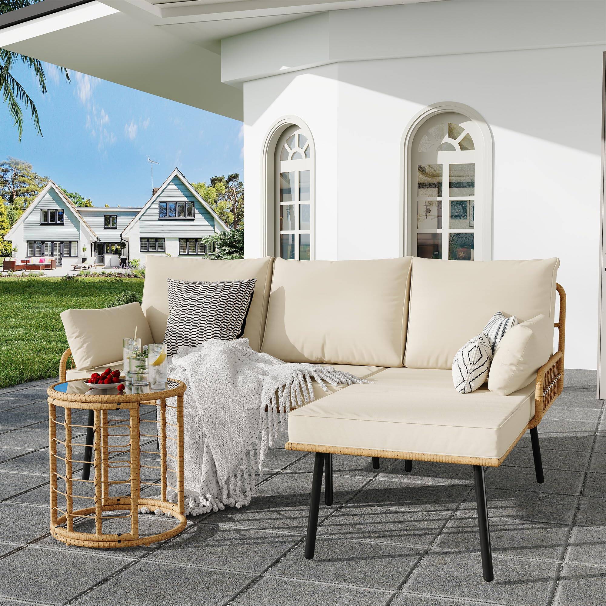 Front. Homhougo - 3 Pieces Outdoor Wicker Patio Conversation Bistro Set - Beige.
