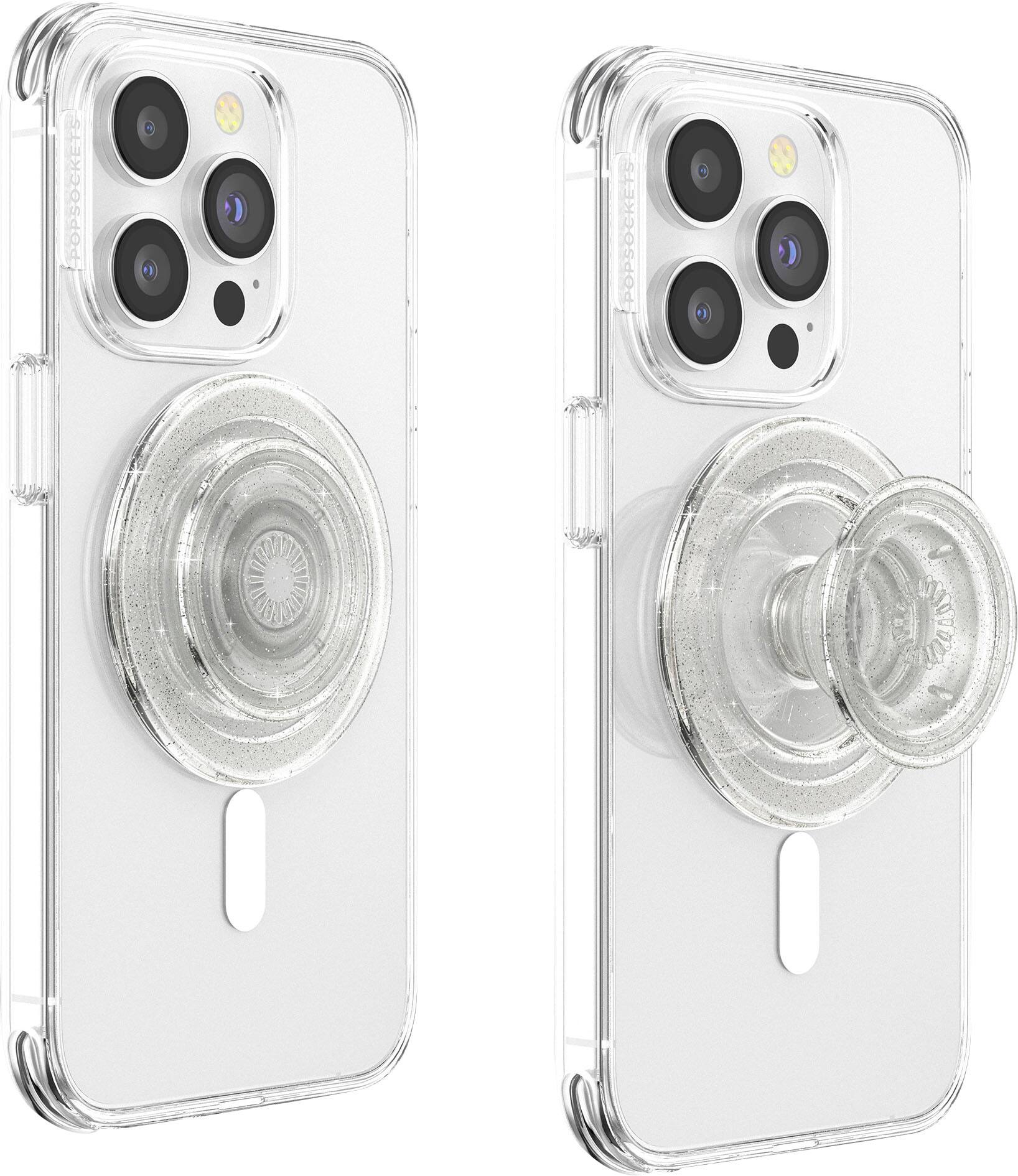 Angle. PopSockets - MagSafe PopGrip Universal Magnetic Grip & Stand with Adapter Ring for Cell Phones - Clear Glitter Silver.
