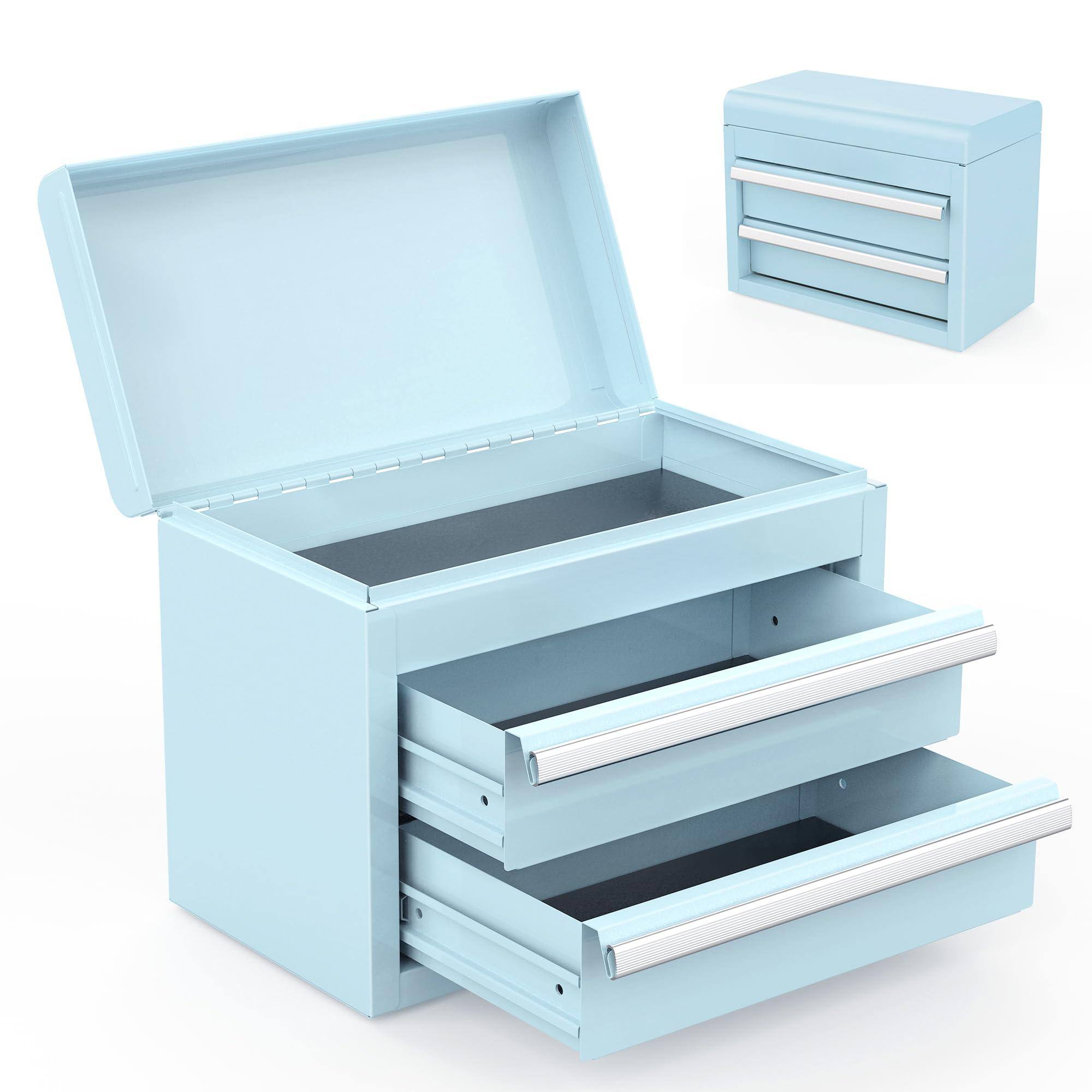 Front. Fabibe - Mini Metal Tool Box With 2 Drawers And Top Storage Small Chest Pvc Liners Pp Feet Pads Cold Rolled Steel Toolbox Magn... - Macaron Blue.