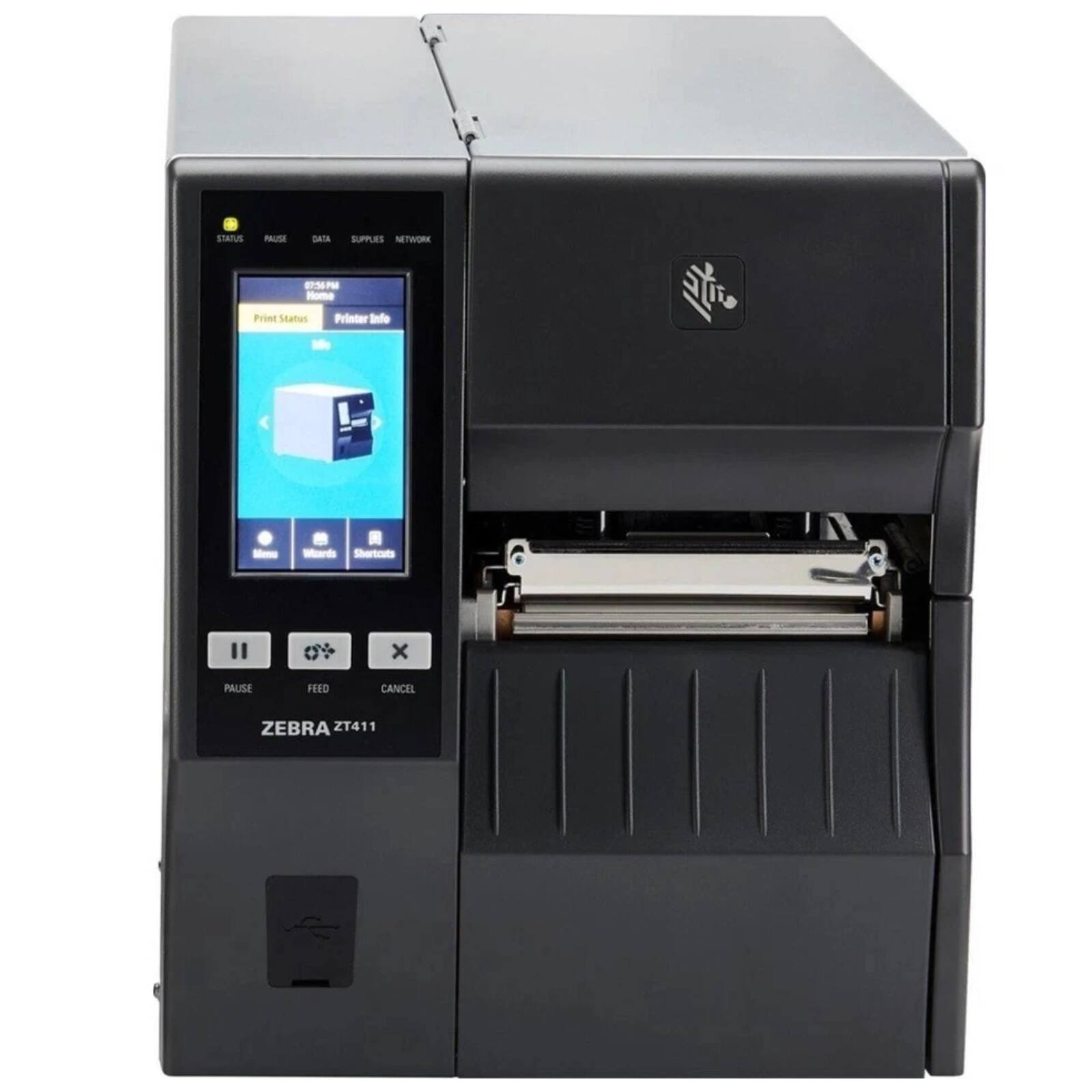 STATUS PAUSE DATA SUPPLIES NETWORK  
SPH Home Print Status Printer Info  
- -rd Shortcuts  
PAUSE FEED CANCEL  
ZEBRA ZT411