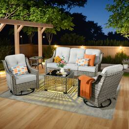 Ovios - 5 PCS Outdoor Patio Furniture Set with Side Table, Swivel Chairs & Solar Light Coffee Table - Gray