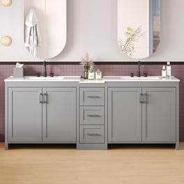 Boyel Living - 84 Inch Double Sink Bathroom Vanity with Ceramic Sinks Quartz Countertop Adjustable Shelves 3 Drawers - Gray