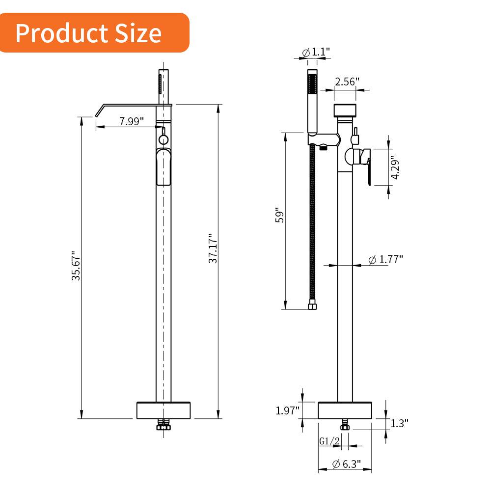 Product Size

- 1.1"
- 2.56"
- 7.99"
- 4.29"
- 35.67"
- 37.17"
- 59"
- 1.77"
- 1.97"
- 1.3"
- G1/2
- 6.3"