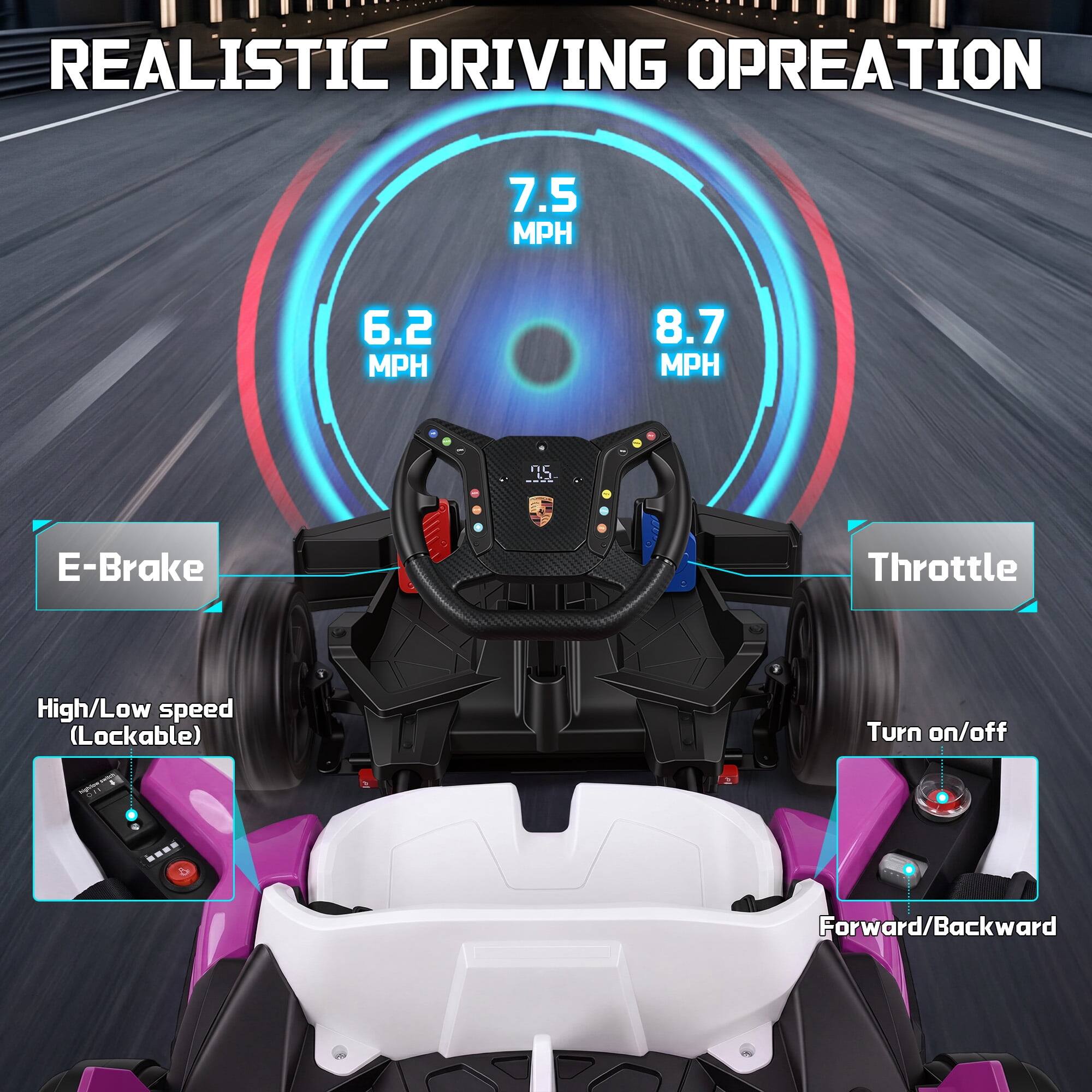REALISTIC DRIVING OPERATION

7.5 MPH
6.2 MPH
8.7 MPH

E-Brake
Throttle
High/Low speed (Lockable)
Turn on/off
Forward/Backward